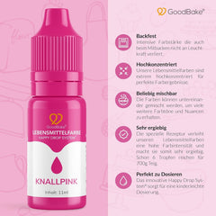 Colorant alimentar roz Goodbake (11 ml) – Colorant alimentar intens – Culoare foarte concentrată – Pentru colorarea prăjiturilor, fondantului, cremei de unt, băuturilor, slime-ului și multor altor obiecte. 100% vegan
