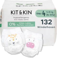 Ekologické plenky Kit & Kin Premium, velikost 4 (9–16 kg), 132 plen, rostlinné a hypoalergenní, spolehlivá ochrana proti úniku, veganské a bez krutosti
