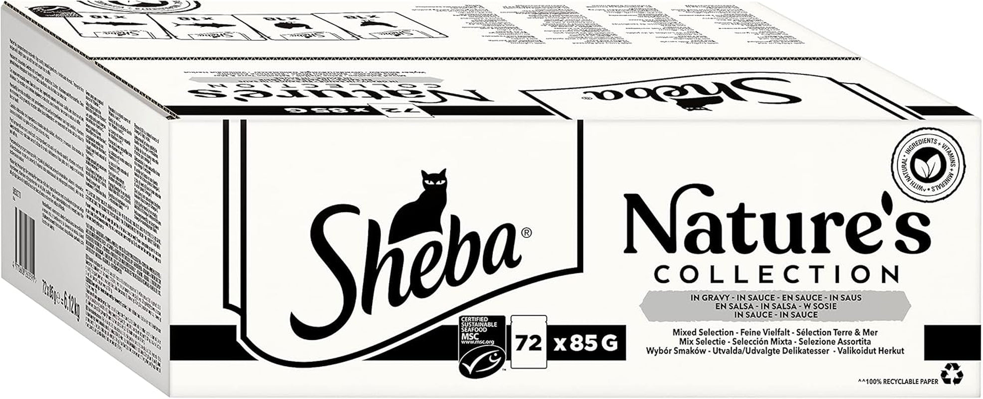 Colecția SHEBA Nature's în sos - Hrană umedă de înaltă calitate pentru pisici, varietate fină (MSC) în pliculețe porționate - 72 x 85g