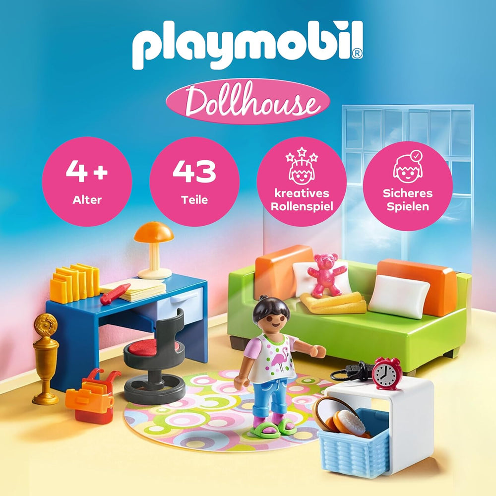 PLAYMOBIL Casă de păpuși 70209 Cameră pentru tineri cu figurină fetiță și accesorii, vârste 4+