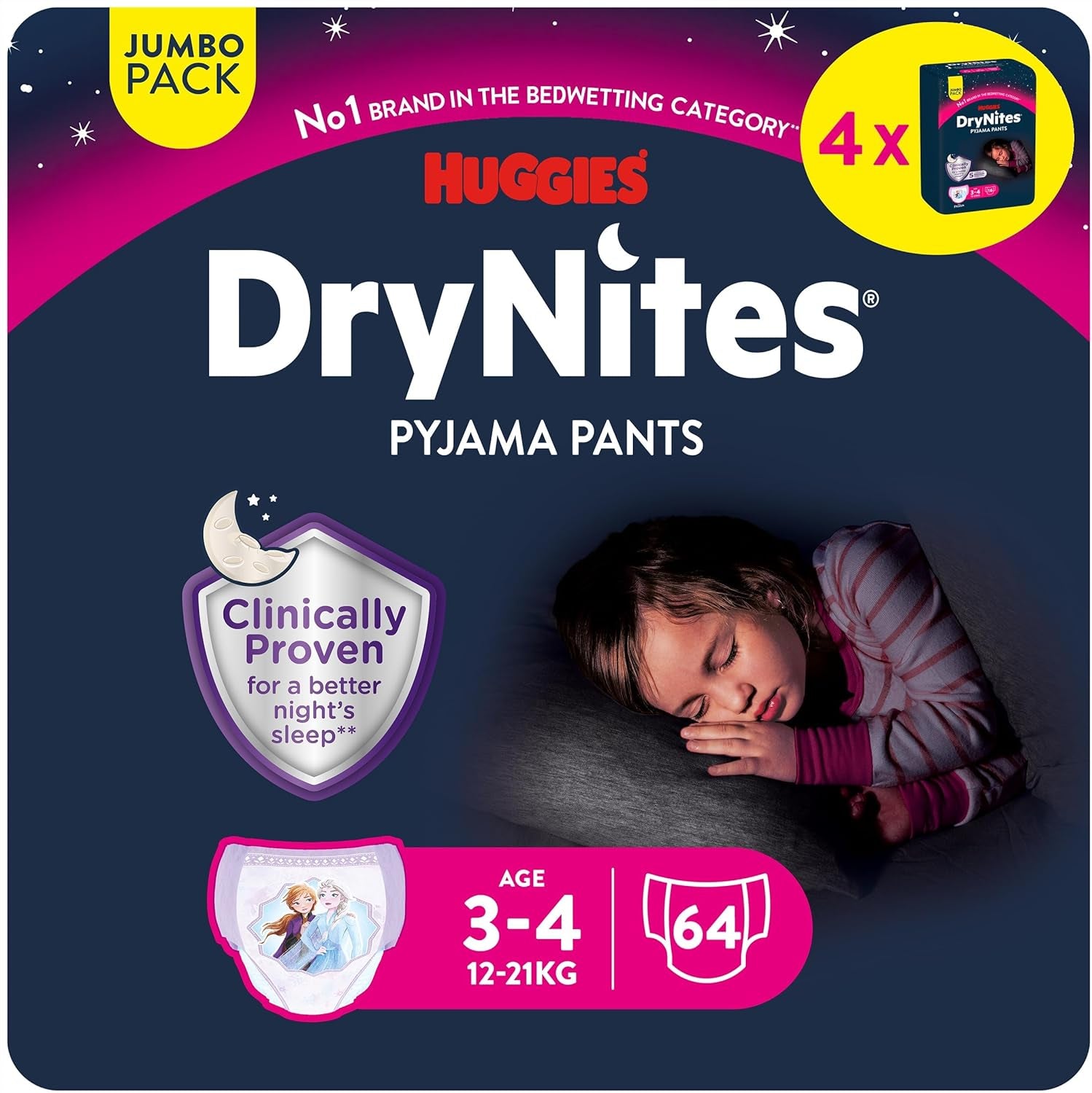 Super absorpční noční pleny Huggies DryNites pro dívky 3-4 roky (12-21 kg) 4 x 16 (celkem 64) Balíček měsíčních kalhotek