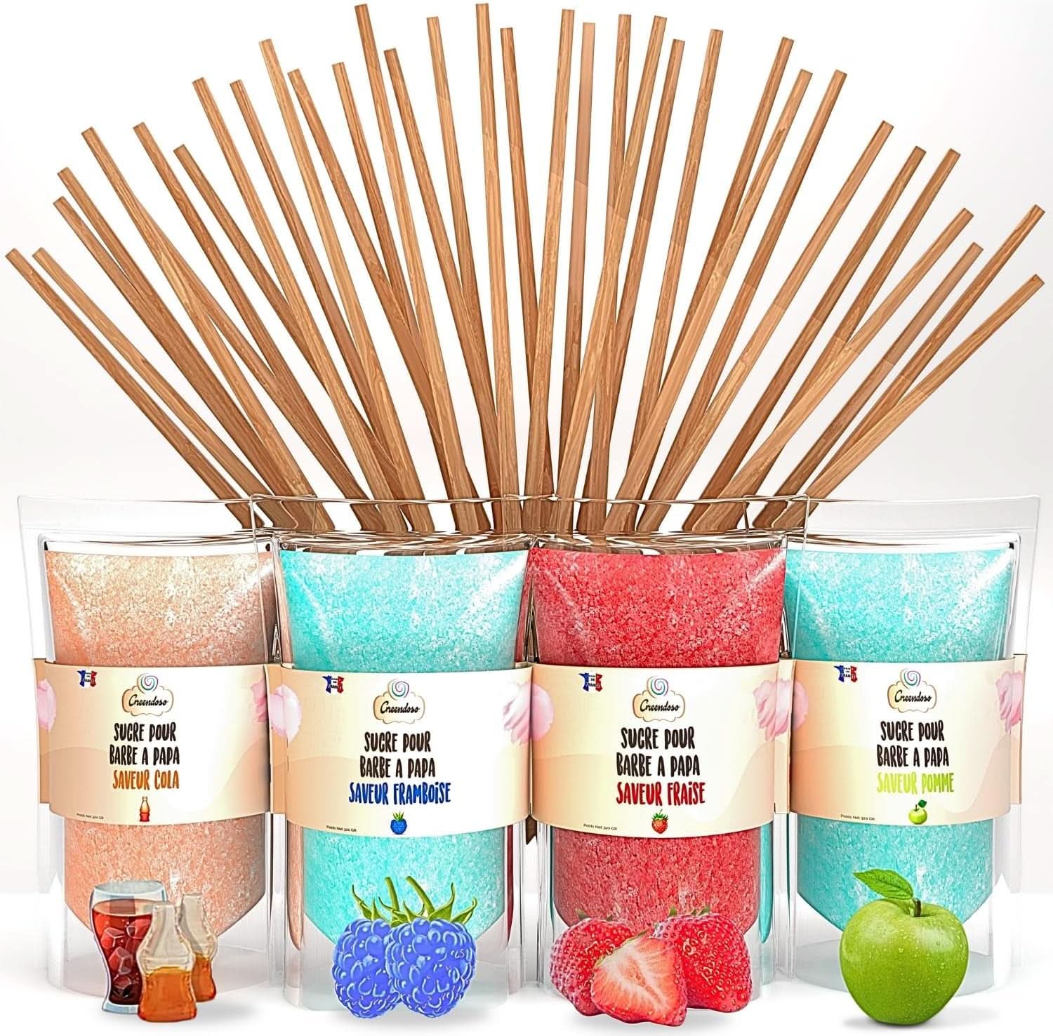 GREENDOSO® Zahăr de vată de zahăr pentru mașina de vată de zahăr (4 x 320 grame) - 4 arome (căpșuni/cola/ zmeură/ mere) + 50 sticks-uri - MADE in FRANCE Naty Shop Default Title