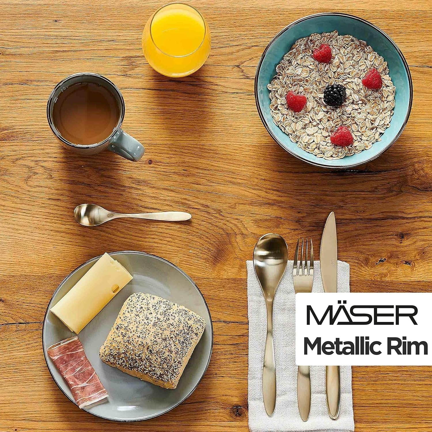 MÄSER Metallic Rim, Modernes Geschirr Set Für 4 Personen Mit Messingfarbenem Rand, 16-Teiliges Kombiservice Mit Randlosen Coupe-Formen, Steinzeug, Grau Sady nádobí Naty Shop