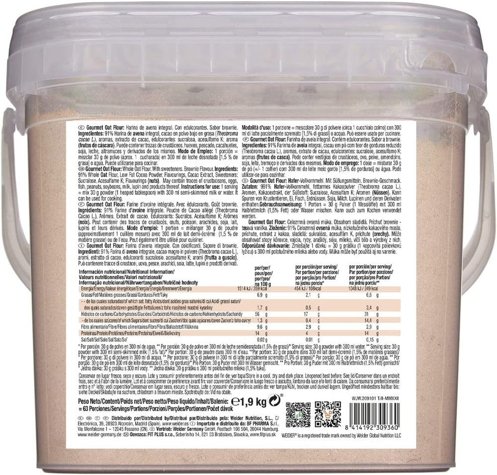 Făină de ovăz Weider Gourmet (1,9 kg) aromă de brownie. Fulgi de ovăz integrali. Sursă de proteine cu conținut scăzut de zahăr.