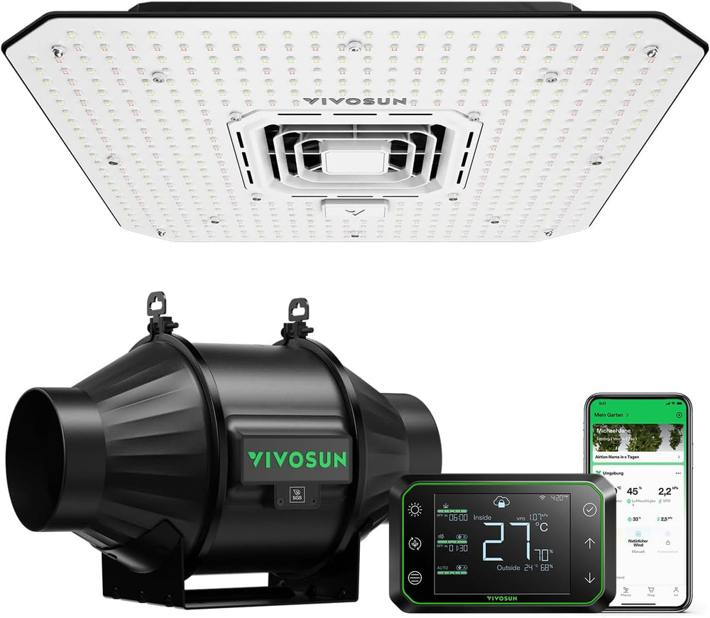 Systém VIVOSUN Smart Grow se 100W LED lampou AeroLight A100SE s integrovaným cirkulačním ventilátorem, potrubním ventilátorem AeroZesh T4 100 mm 357 m³/h a ovladačem GrowHub E42A pro pěstování stanů a pěstování v interiéru