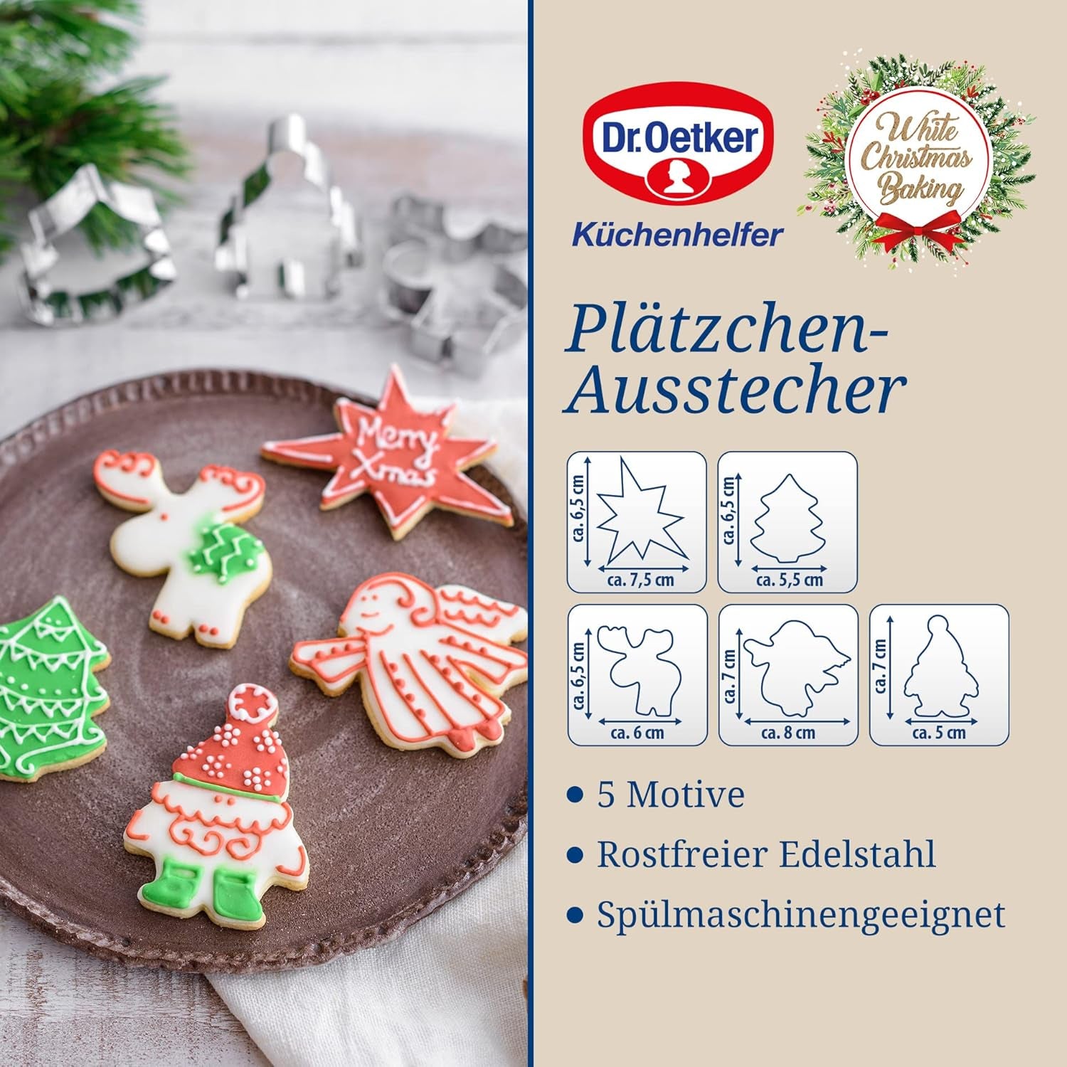 Forme de biscuiți de Crăciun Dr. Oetker, Set de 5 – Forme de biscuiți albe pentru copt de Crăciun – Forme de biscuiți din oțel inoxidabil pentru Crăciun