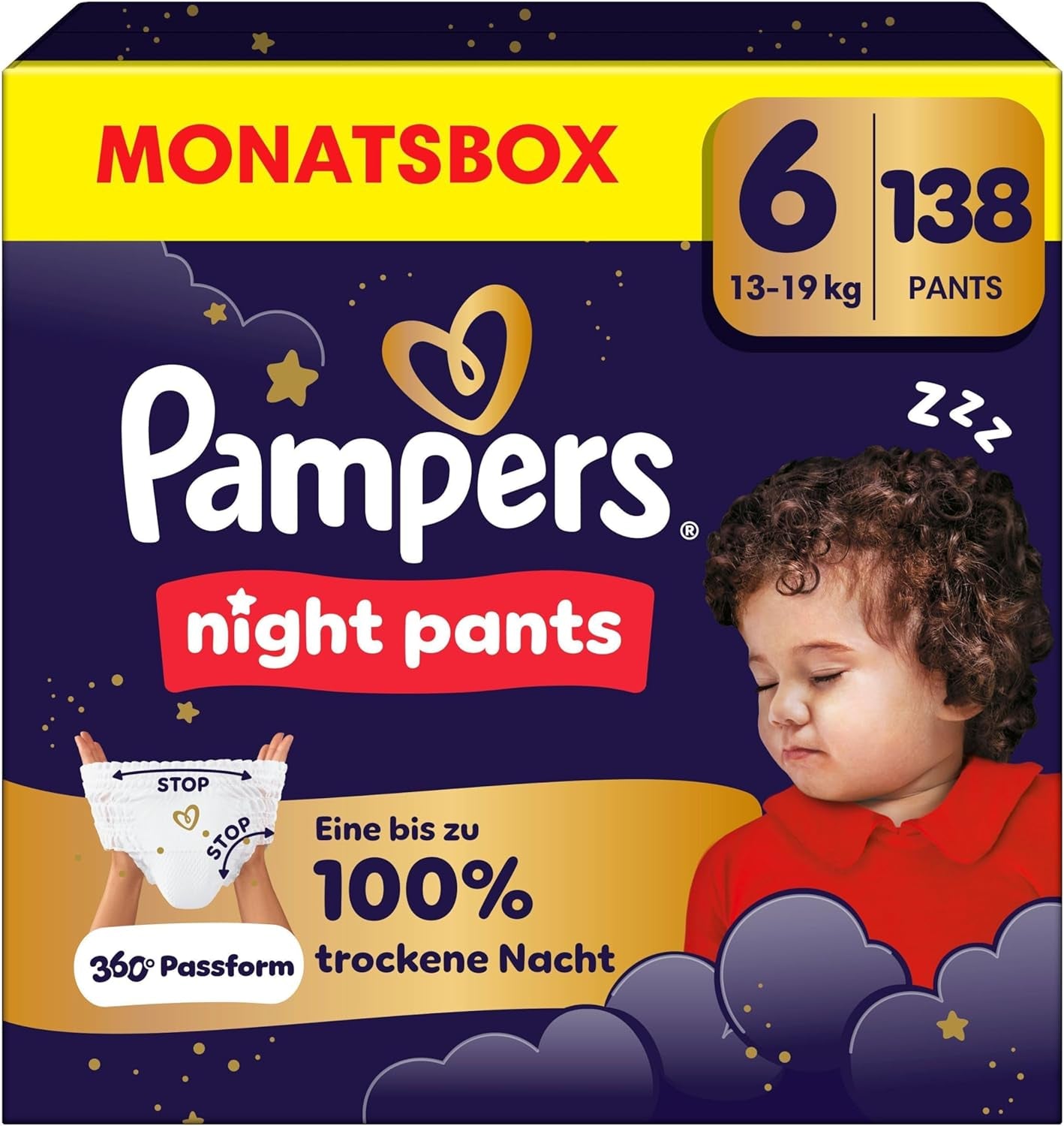 Pleny Pampers Night Pants velikost 6, 138 kusů, 13kg-19kg, poskytují extra ochranu po celou noc.