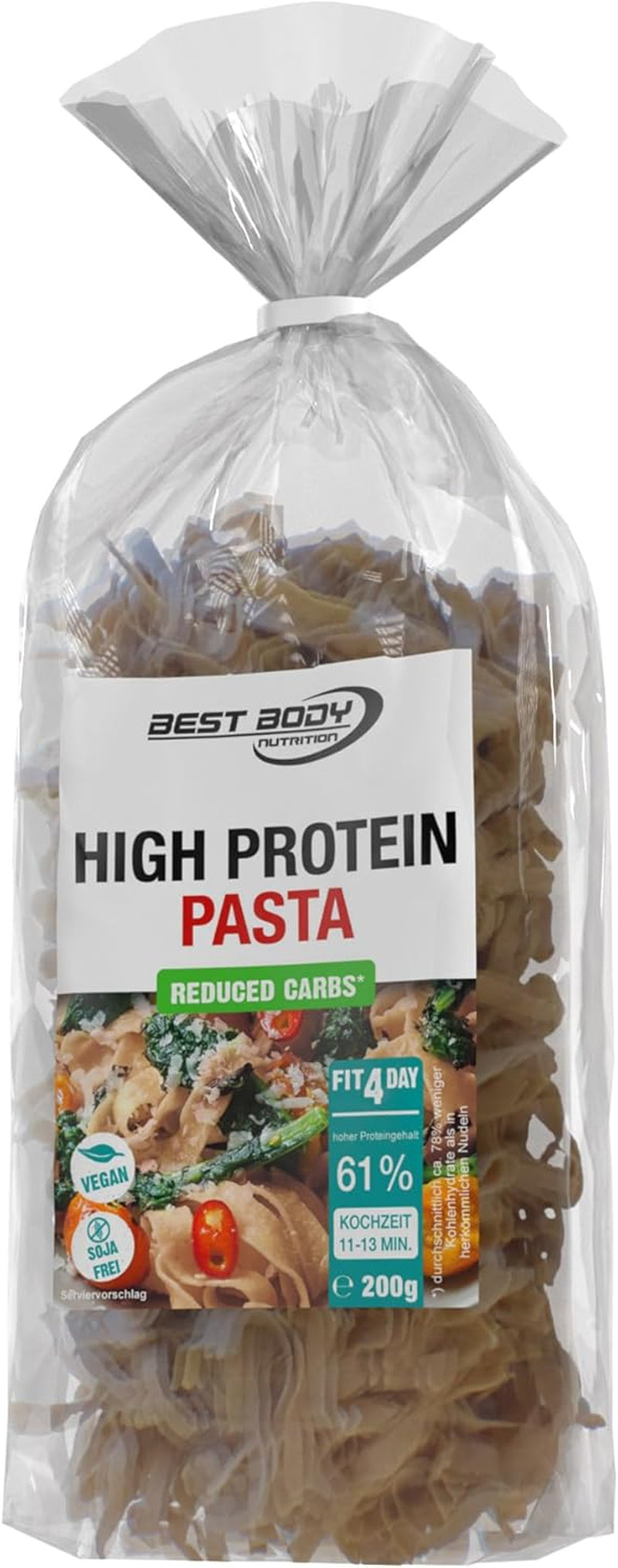 Nejlepší proteinové těstoviny pro tělovou výživu 6 x 200 g - Fit4Day High Protein Tagliatelle - 61 % proteinů, nízký obsah sacharidů, veganské a bez laktózy, bez sóji - vysoce kvalitní hrachový protein - pro nízkosacharidové diety