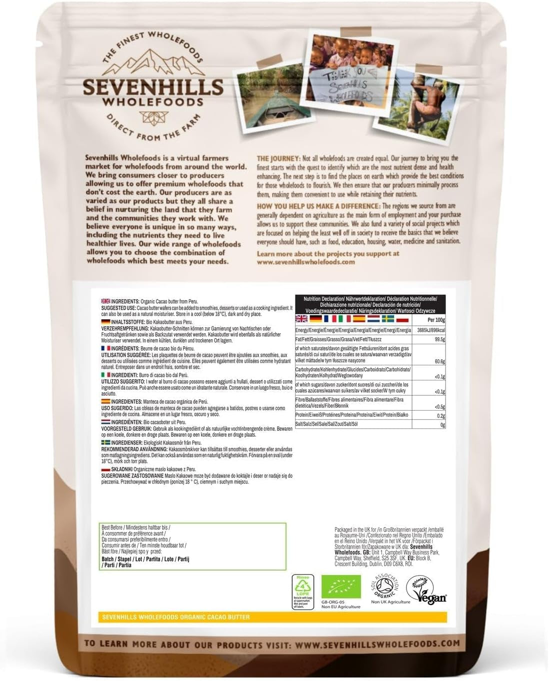 Sevenhills Wholefoods Kakaobutter Bio 200 g, Rein und Natürlich, Premium Qualität