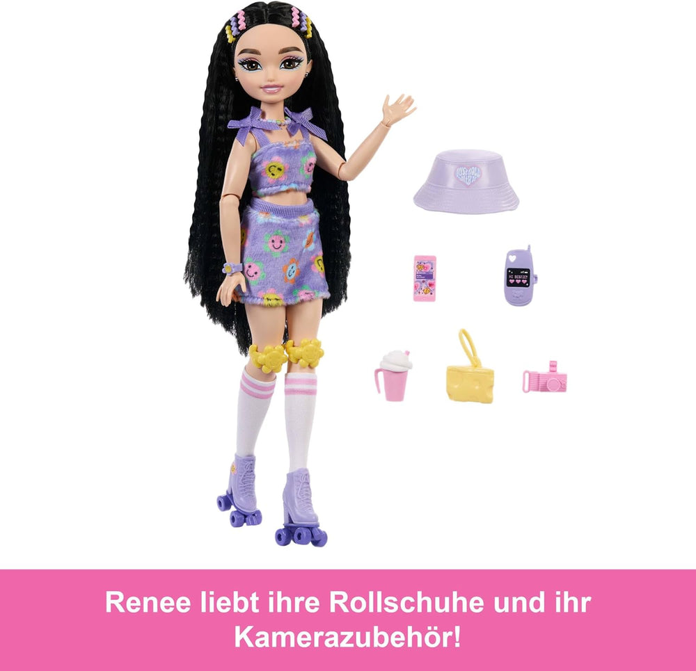 Păpușa Barbie Dream Besties și accesorii, Păpușă Barbie Renee la modă articulată cu patinaj pe role și păr negru, 12 accesorii tematice cu videoclipuri și mâncare, JFX99