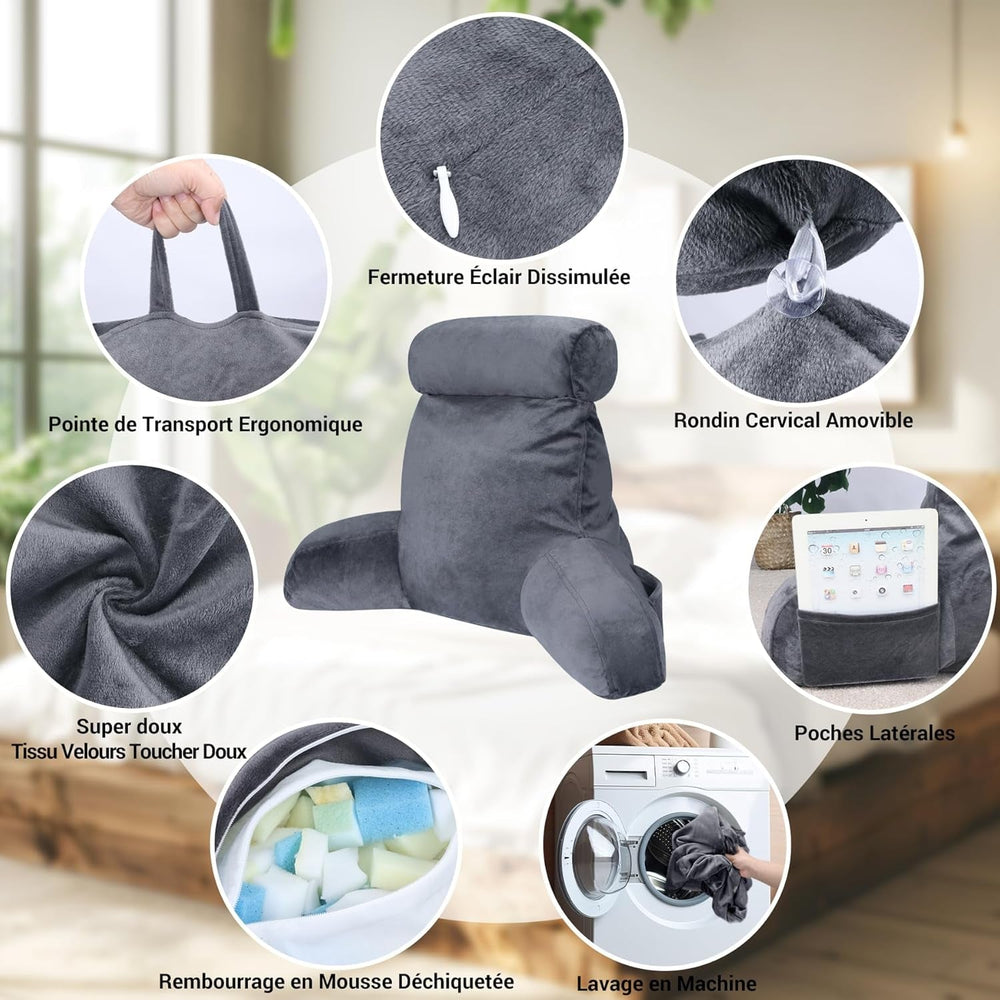 Pernă ergonomică pentru citit INFANZIA cu cotiere, suport pentru spate din spumă cu memorie, gri, M