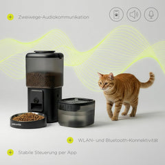 Feast Automatische Futterautomat Katze s aplikací a kamerou, Live-Video s Nachtsicht a Zwei-Wege-Audio, Portionskontrolle, Edelstahl-Napf, Katzen Trinkbrunnen s filtrem, 4,5 l a 2,5 l