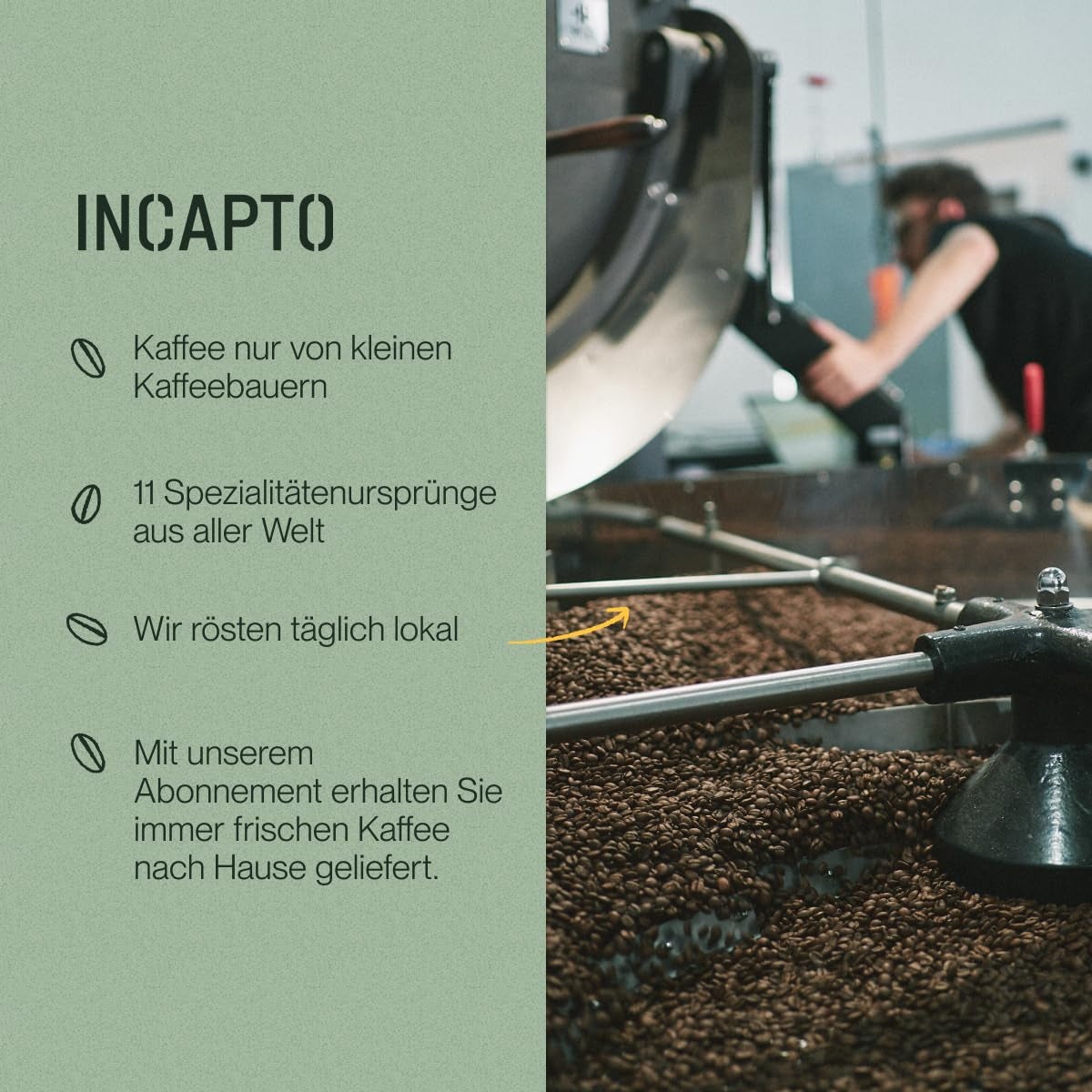 Incapto Ganze Entkoffeinierte Kaffeebohnen | Ohne Chemikalien | Mischung aus 100% Arabica-Kaffee aus Brasilien | Ungemahlen Espresso Bohnen | Swiss Water Decaf Coffee, Packung 500g