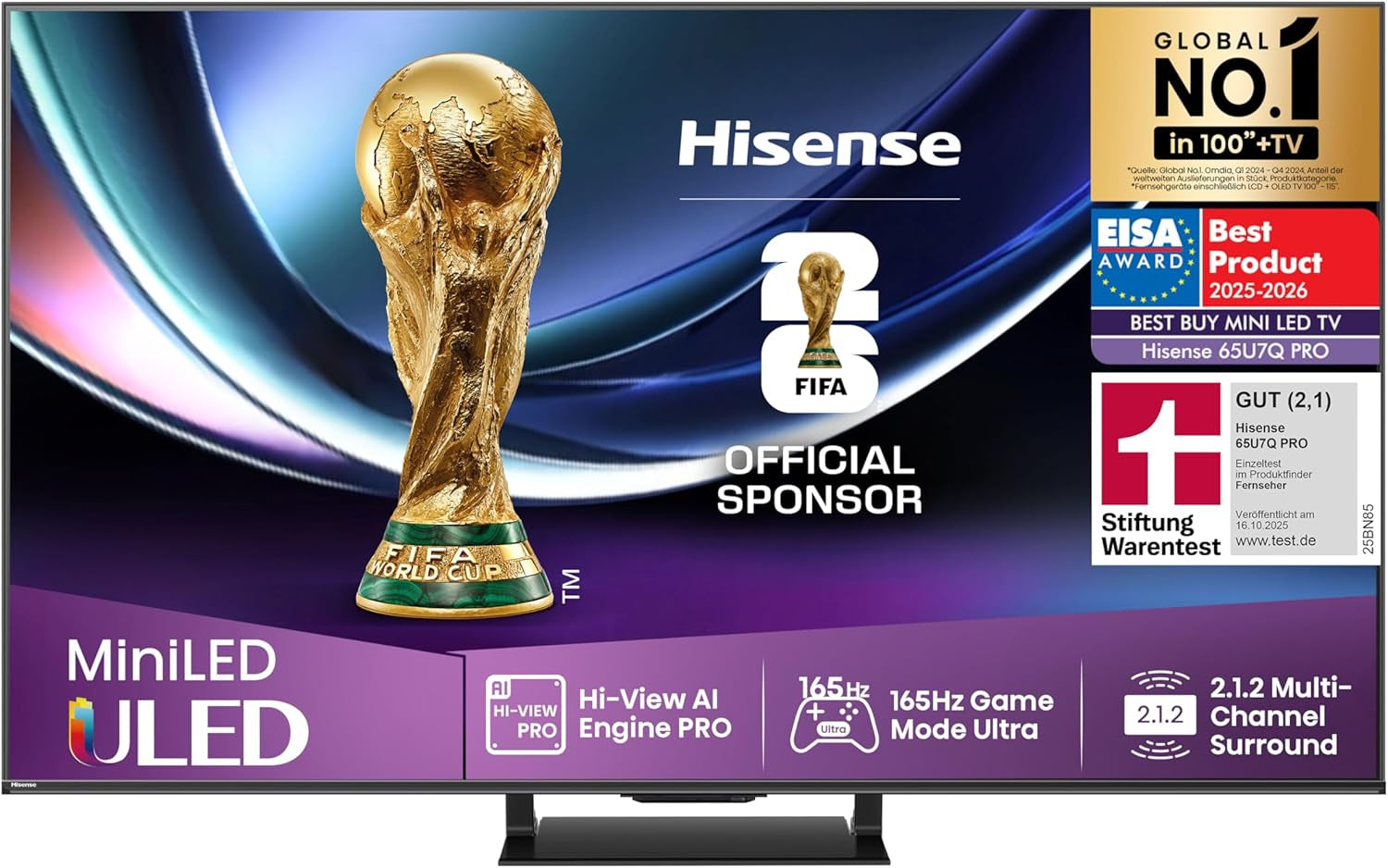 Televizor Hisense 55U7Q de 55 de inci, mini LED ULED 4K, Smart TV, motor Hi-View AI, mod de joc Pro la 144Hz, FreeSync Premium, subwoofer încorporat, Dolby Vision IQ Atmos, AirPlay, control vocal [2025]