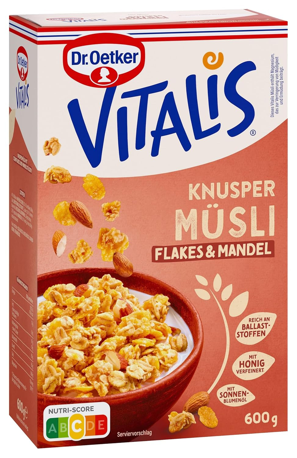 Dr. Oetker Vitalis Crunchy Flakes: Křupavé müsli s kukuřičnými lupínky a kousky mandlí, balení 5 ks (5 x 600 g)