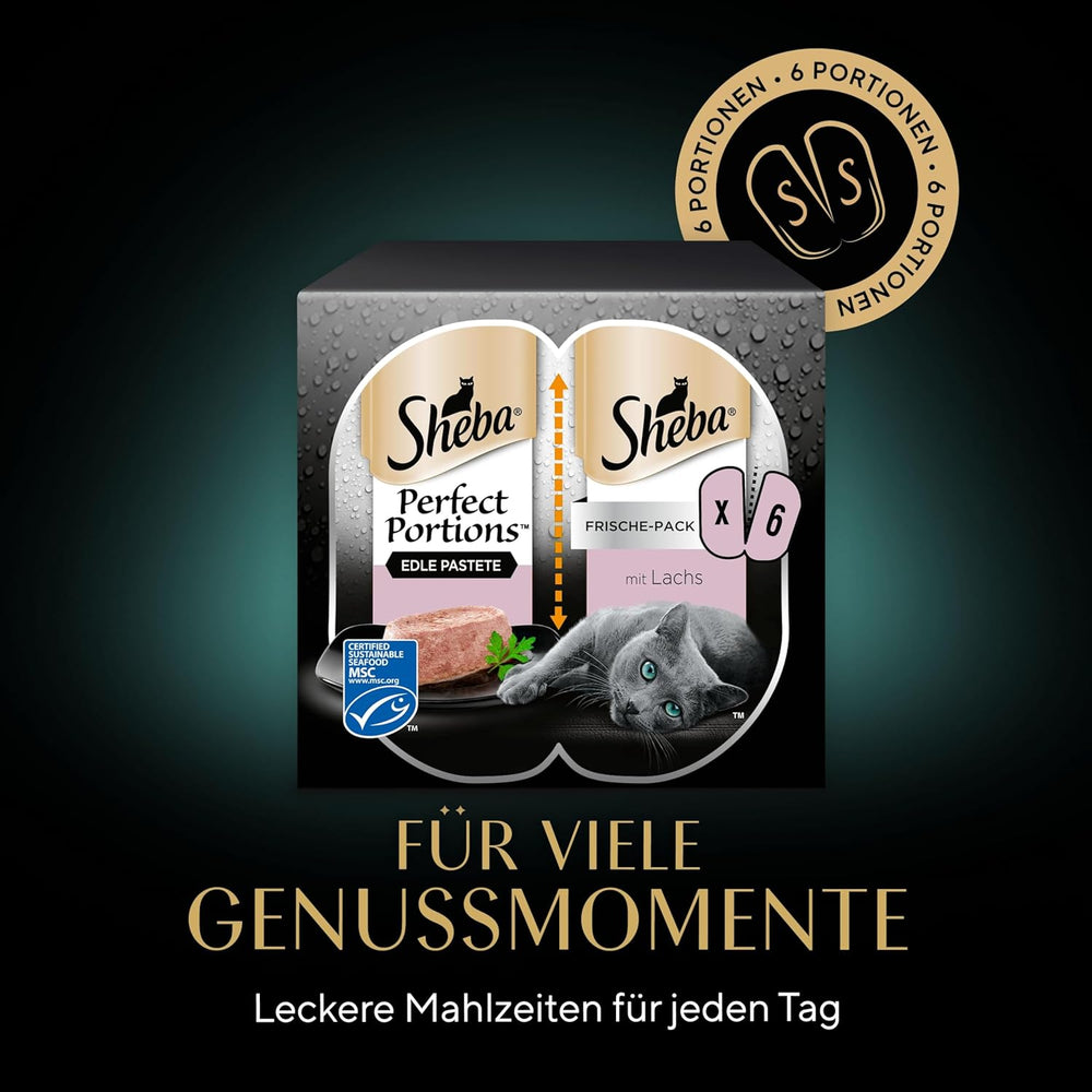Pateu pentru pisici SHEBA Perfect PORTIONS cu somon, certificat MSC, 8 x 3 x (2 x 37,5g) = 225g (Ambalajul va fi actualizat)