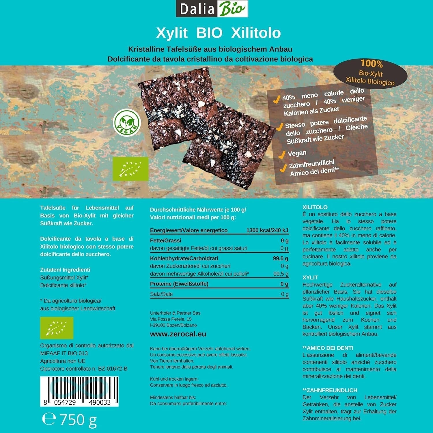 Bio Xylit Bio | Aus Biologischer Landwirtschaft | 40 % Weniger Kalorien | Zahnfreundlich | Ideal Zum Kochen Und Backen, 750 G Indulcitori Naty Shop