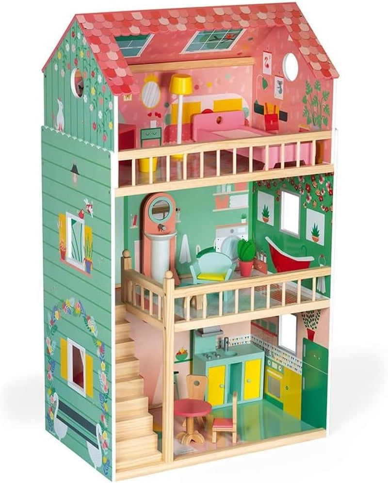 Janod - Mademoiselle Dřevěný domeček pro panenky 3 úrovně a 11 doplňků Replika Hračka rozvíjí představivost Věk 3+ J06581 Pink Naty Shop Domky pro panenky Šťastný den