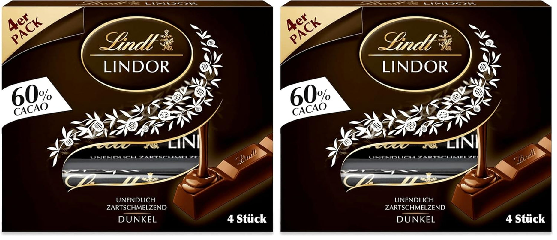 Lindt Čokoláda | Tyčinky LINDOR 60% Kakao | 100 g | 4 čokoládové tyčinky s hořkou čokoládou 60% kakaa a náplní rozplývající se v ústech | Čokoládová tyčinka