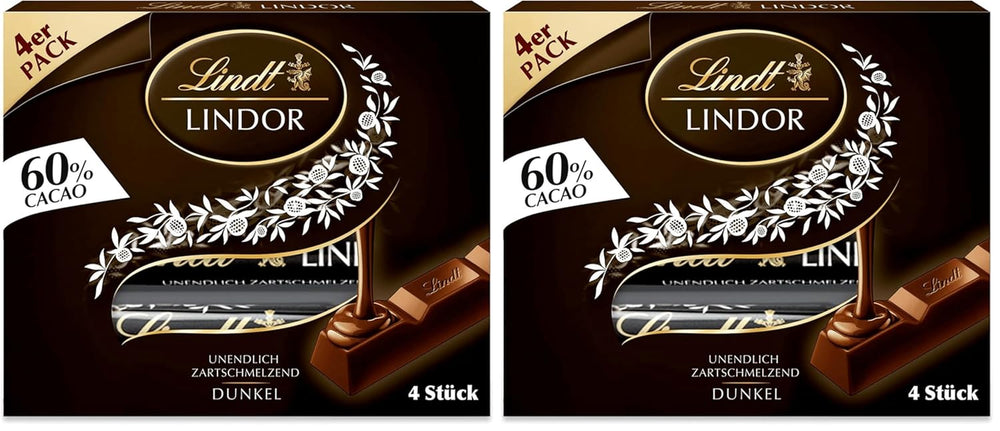 Lindt Čokoláda | Tyčinky LINDOR 60% Kakao | 100 g | 4 čokoládové tyčinky s hořkou čokoládou 60% kakaa a náplní rozplývající se v ústech | Čokoládová tyčinka