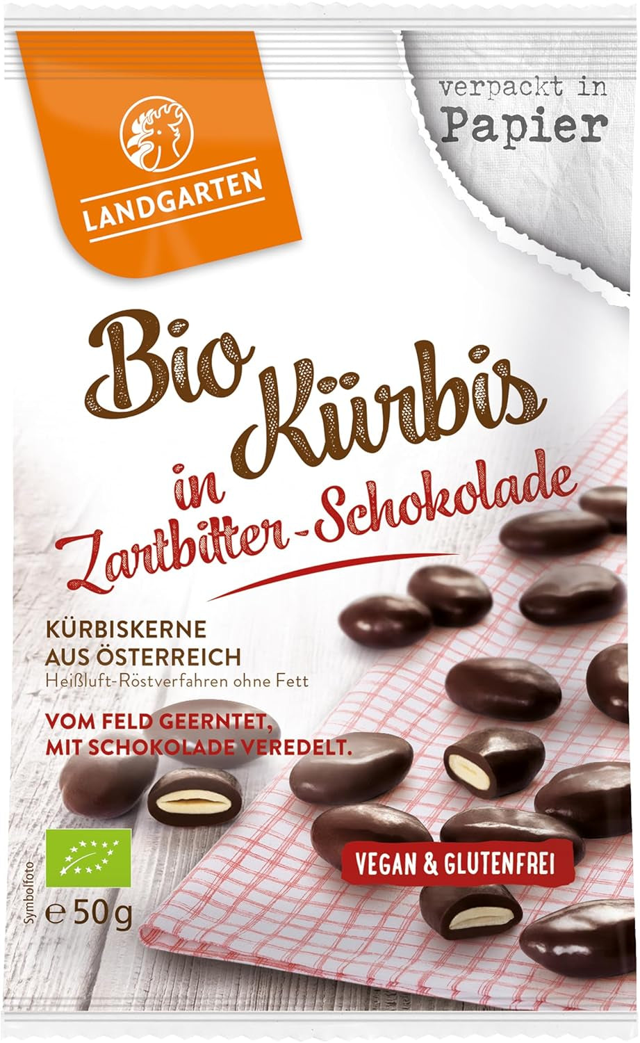 Landgarten Bio dýňová semínka v hořké čokoládě - Veganská čokoládová svačina z pečených dýňových semínek - zdroj hořčíku - 1 x 50 g