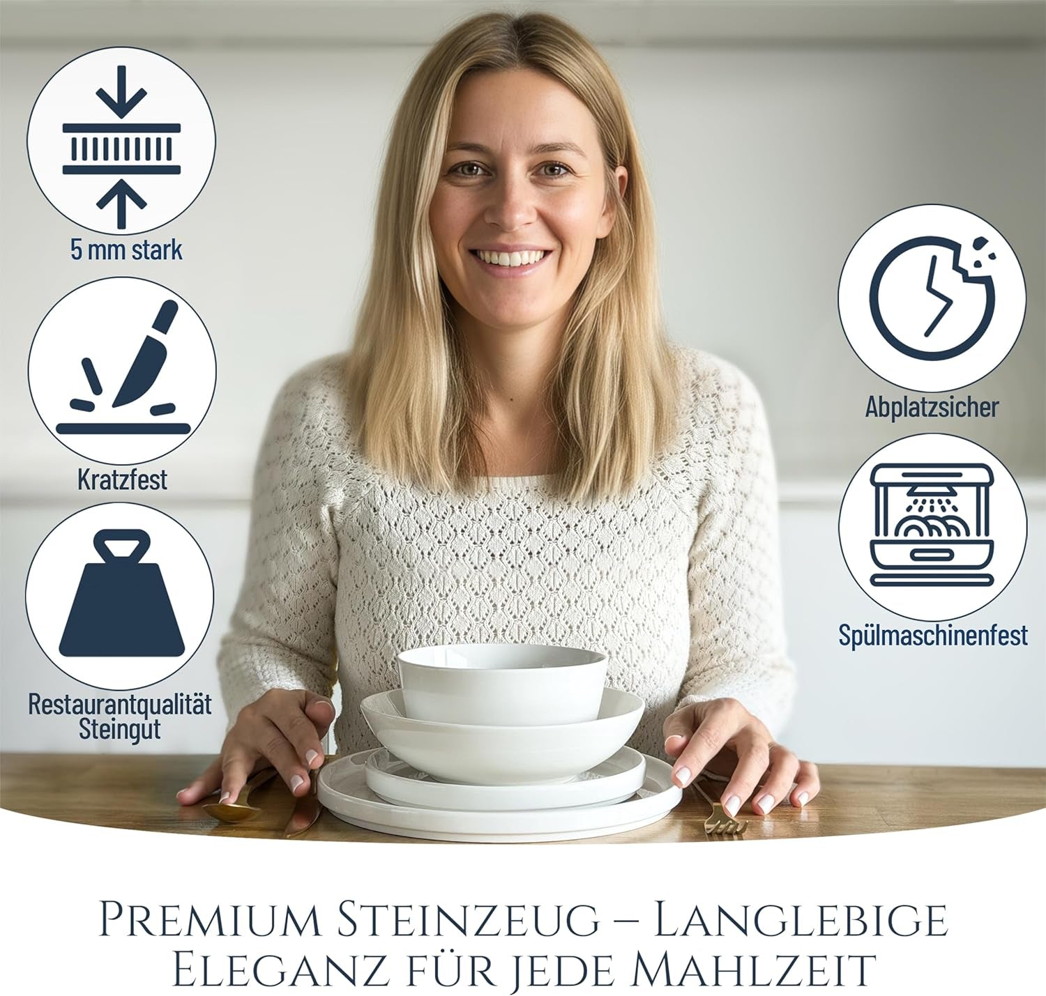 Set de veselă din porțelan pentru 12 persoane, Crystal 48 de piese, CÂȘTIGĂTOR AL TESTULUI, Set de veselă din porțelan transparent, set de boluri și farfurii, serviciu de cină pentru 12 persoane, Seturi de veselă Pure Living în alb