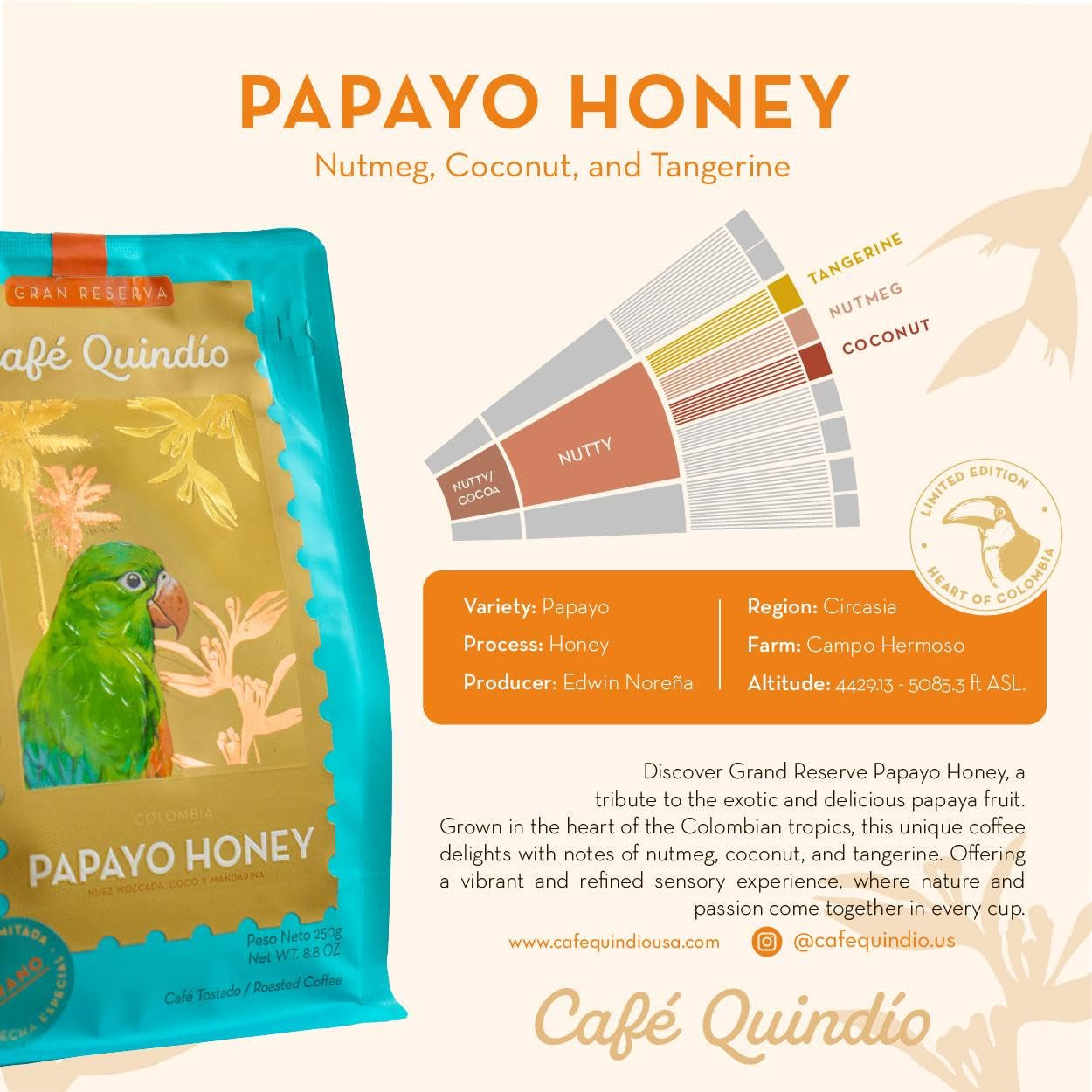 Cafe Quindio Papayo Honey Specialty Coffee - 100% boabe de cafea Arabica de origine unică Columbia - cu note naturale de nucșoară, nucă de cocos și mandarină (250g) - ideală pentru Chemex