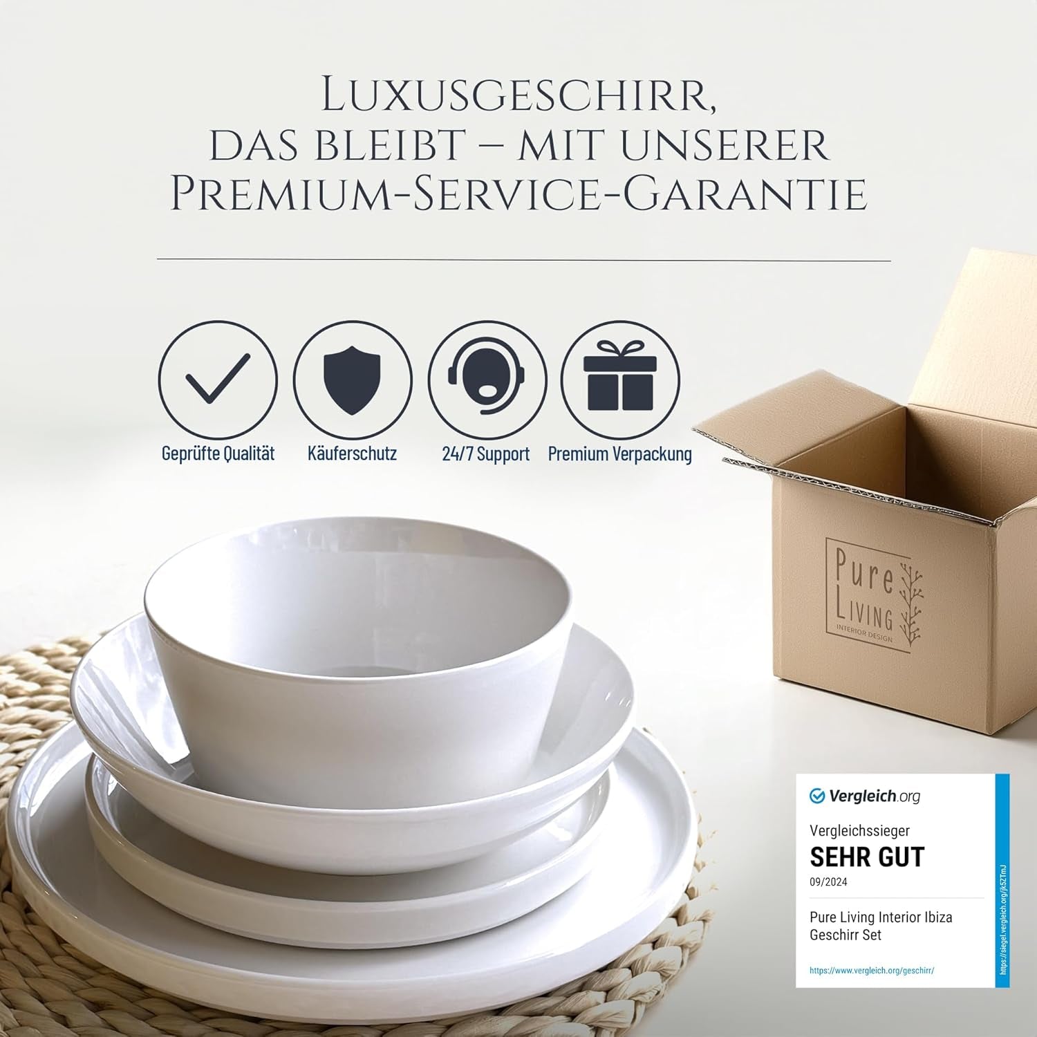 Set de veselă din porțelan pentru 12 persoane, Crystal 48 de piese, CÂȘTIGĂTOR AL TESTULUI, Set de veselă din porțelan transparent, set de boluri și farfurii, serviciu de cină pentru 12 persoane, Seturi de veselă Pure Living în alb