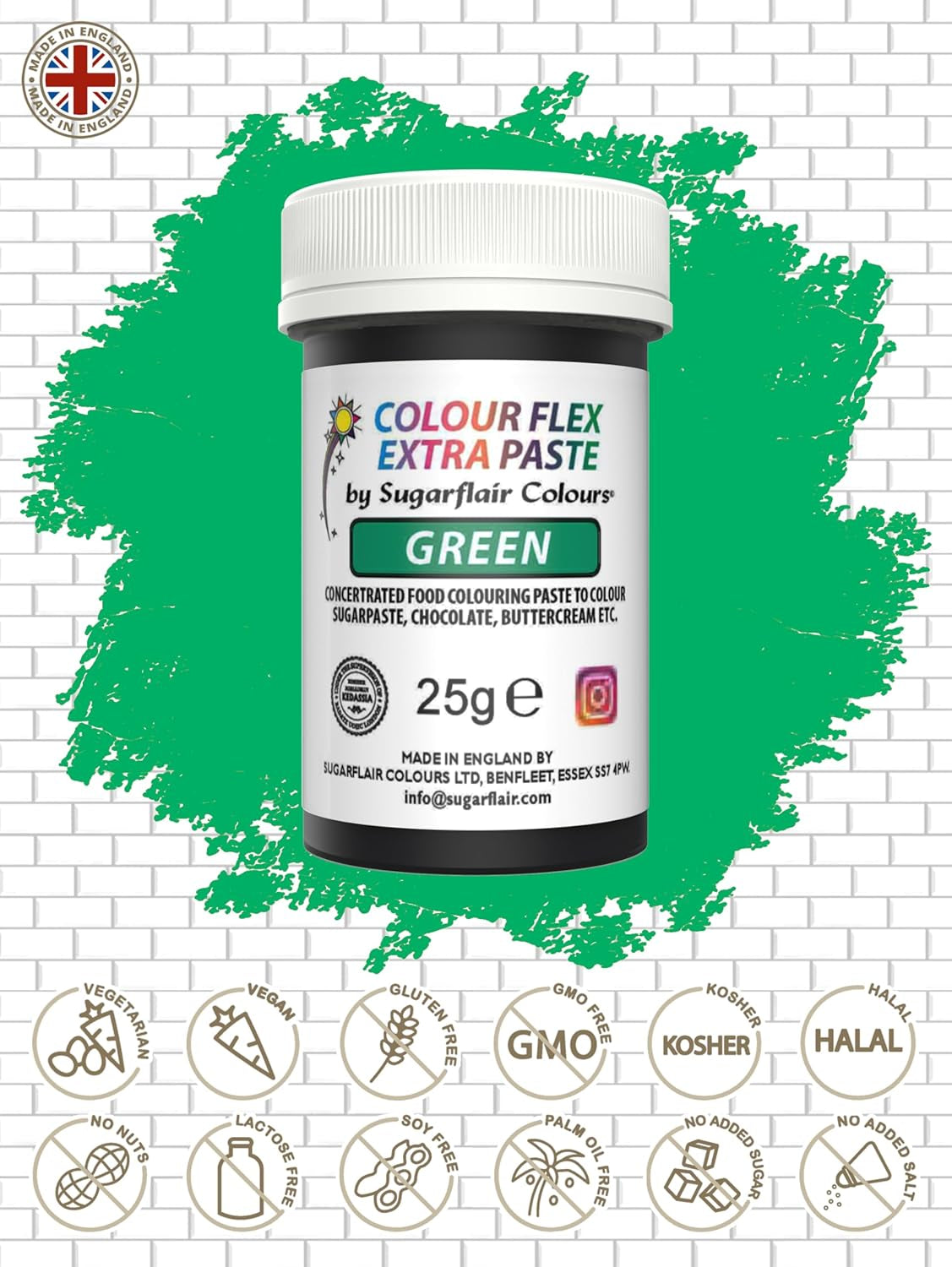 Colorant alimentar Sugarflair Colourflex Extra Paste Verde - Colorant alimentar comestibil pentru cremă de unt, ciocolată, pastă de zahăr, glazură, fondant, mixuri pentru prăjituri, aluat și multe altele - 25g