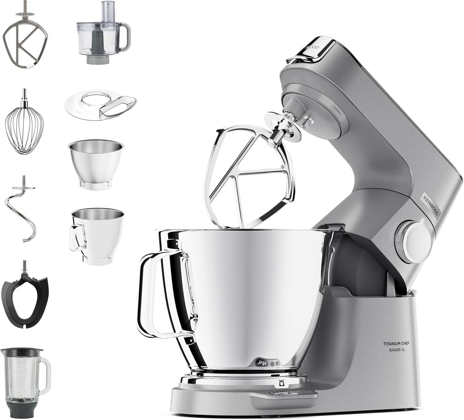 Kenwood Titanium Chef Baker KVC65.001WH, Küchenmaschine Mit Integrierter Waage, 1200 Watt, Inkl. Sada 3 cukrářských výrobků Teiligem, špachtle a sprej, Weiß Matka a dítě Naty Shop Silber Chef Baker Xl