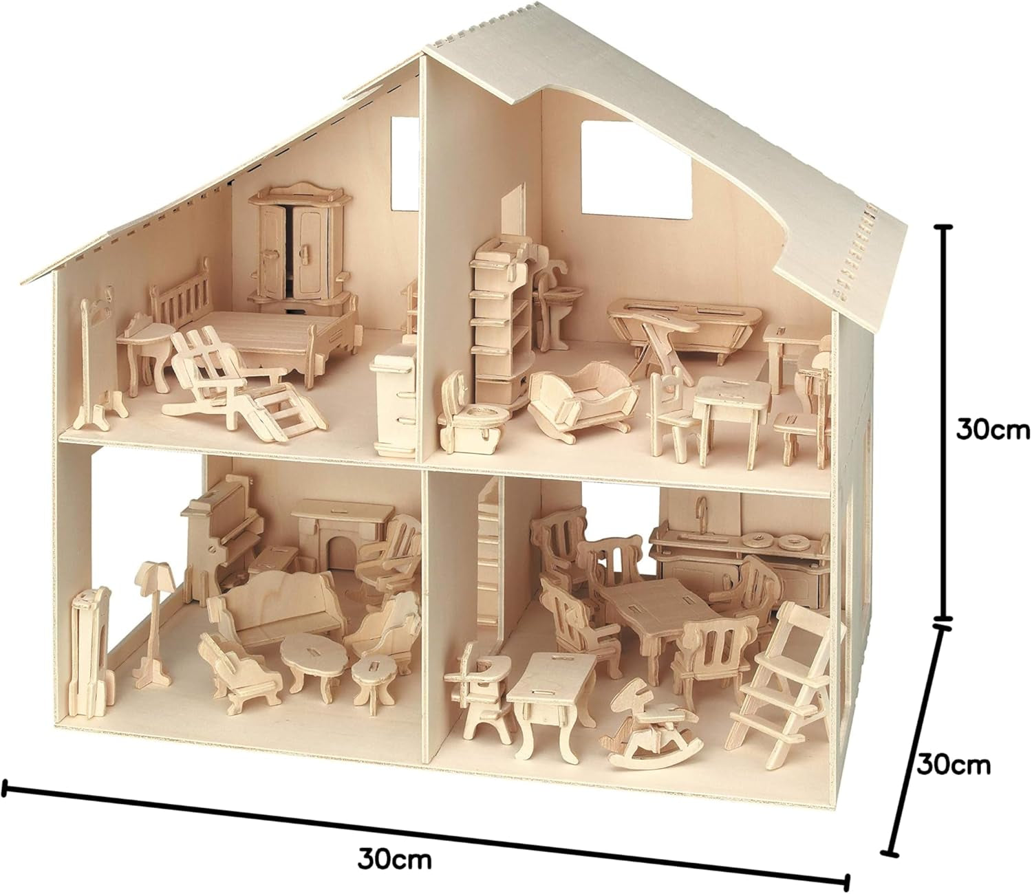 Pebaro Donau Elektronik _M880 Casă de păpuși puzzle 3D cu mobilier, 30 x 30 x 30 cm, natural