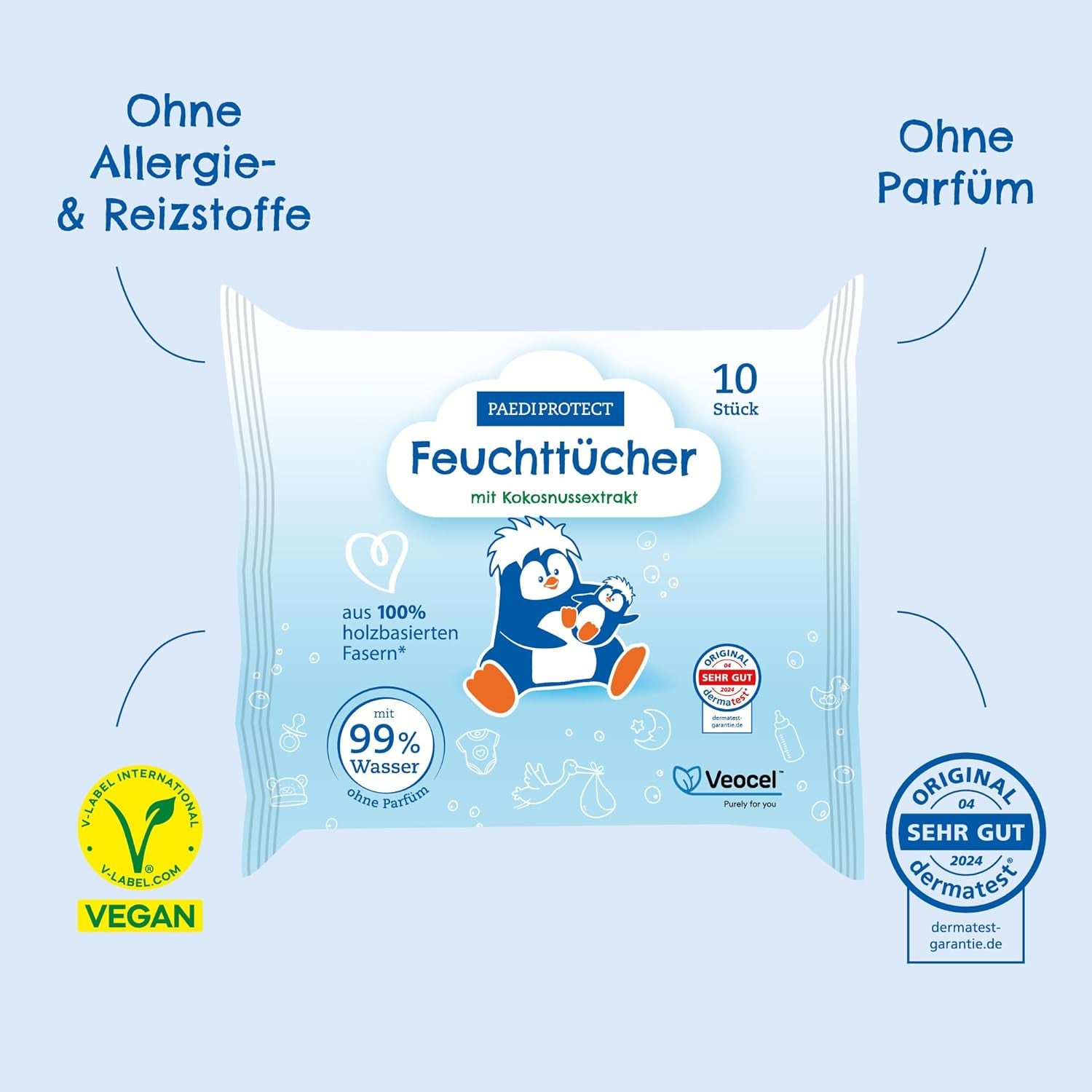 PAEDIPROTECT Baby vlhčené ubrousky 1 x 10 ks Sensitive dětské vlhčené ubrousky 99% vody bez parfemace pro miminka a děti Jemná pokožka Kokosový extrakt bez mikroplastů Vegan (5 balení)