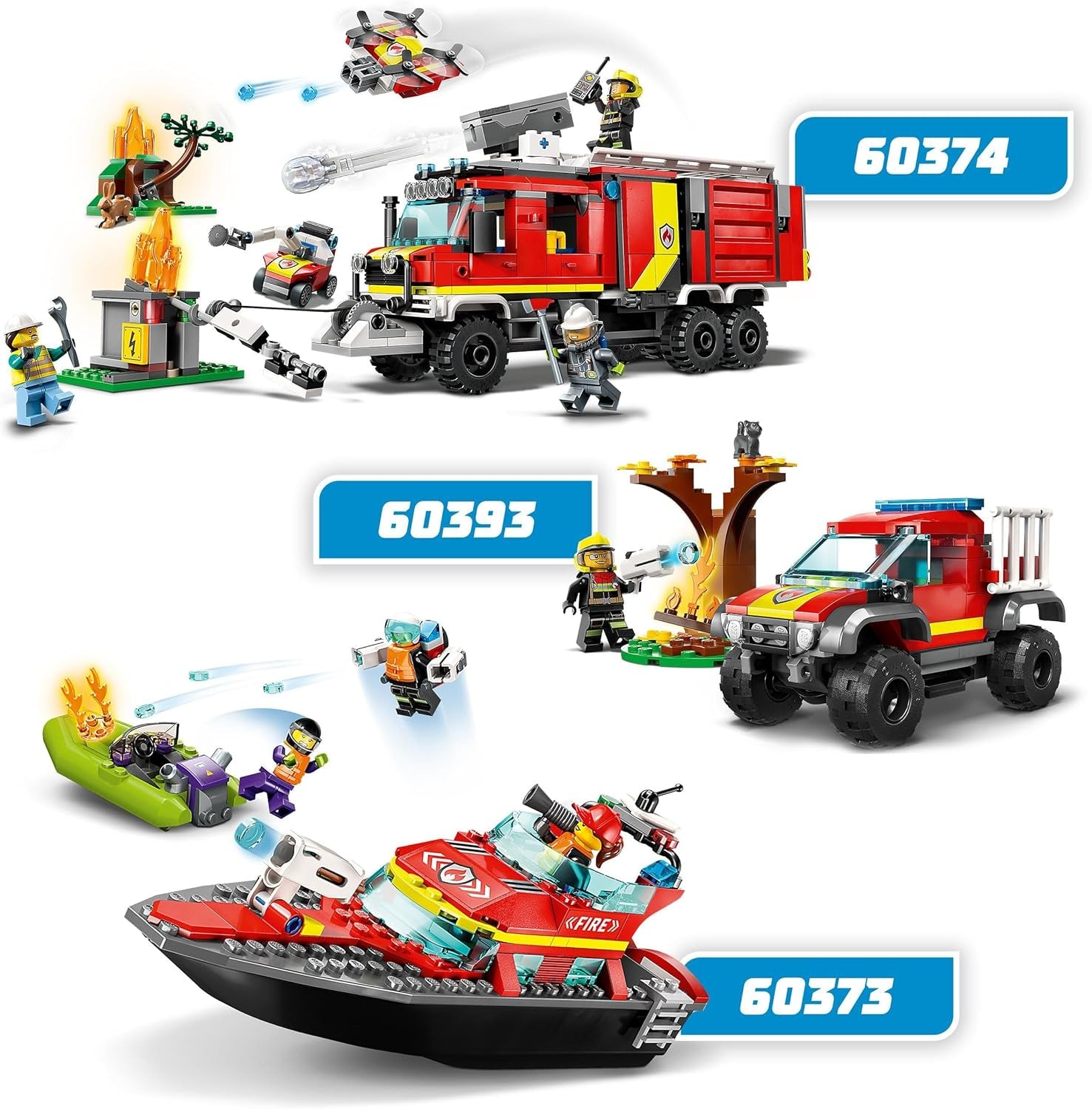 LEGO 60373 City Feuerwehrboot, Spielzeug, das im Wasser wimmt, s Rennboot, 3 minifigurky a Jetpack, Feuerwehr-Boot-Spielzeug Geschenkide für Jungen und Mädchen ab 5 Jahren