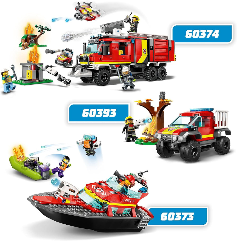 LEGO 60373 City Feuerwehrboot, Spielzeug, das im Wasser wimmt, s Rennboot, 3 minifigurky a Jetpack, Feuerwehr-Boot-Spielzeug Geschenkide für Jungen und Mädchen ab 5 Jahren