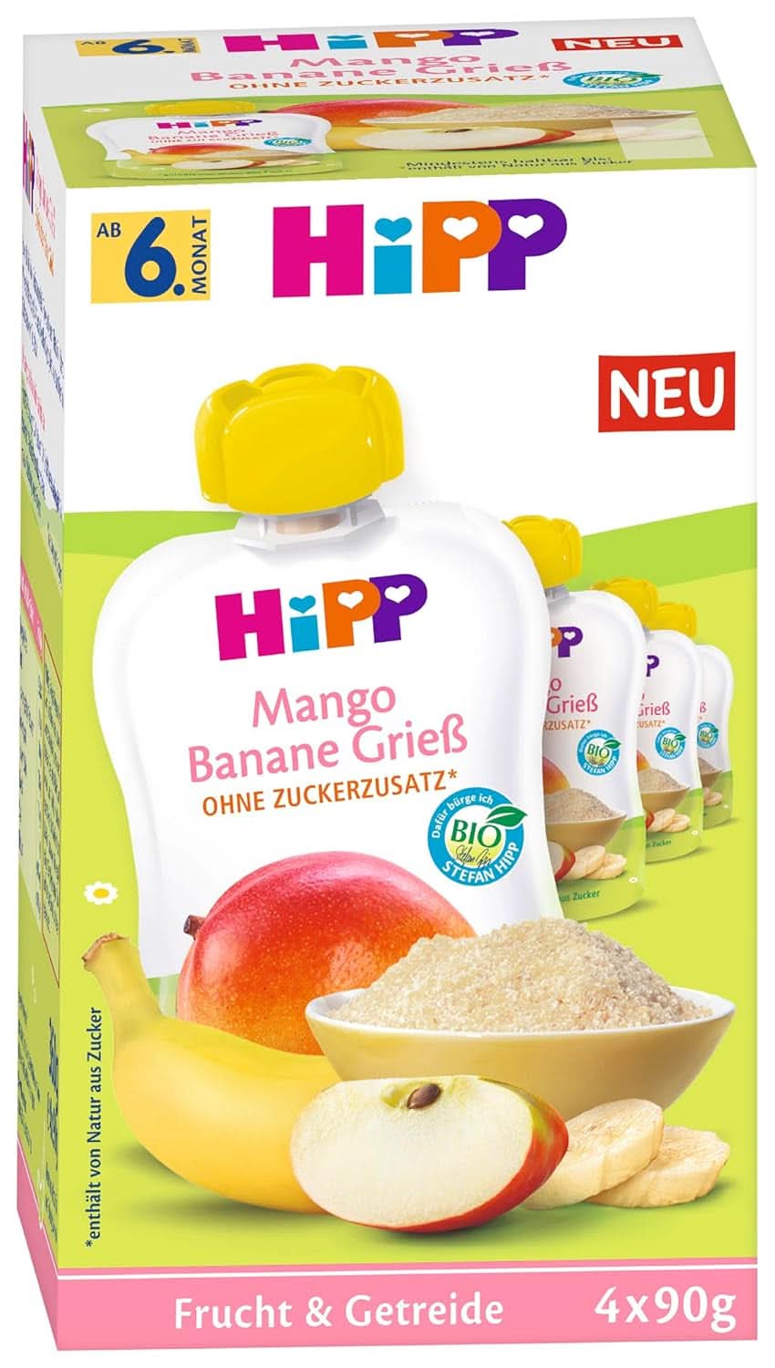 Hipp Bio ovoce a cereálie v ždímacích sáčcích pro děti Mango Banán Krupicová kaše 4 balení (4X4X90G) Matka a dítě Naty Shop