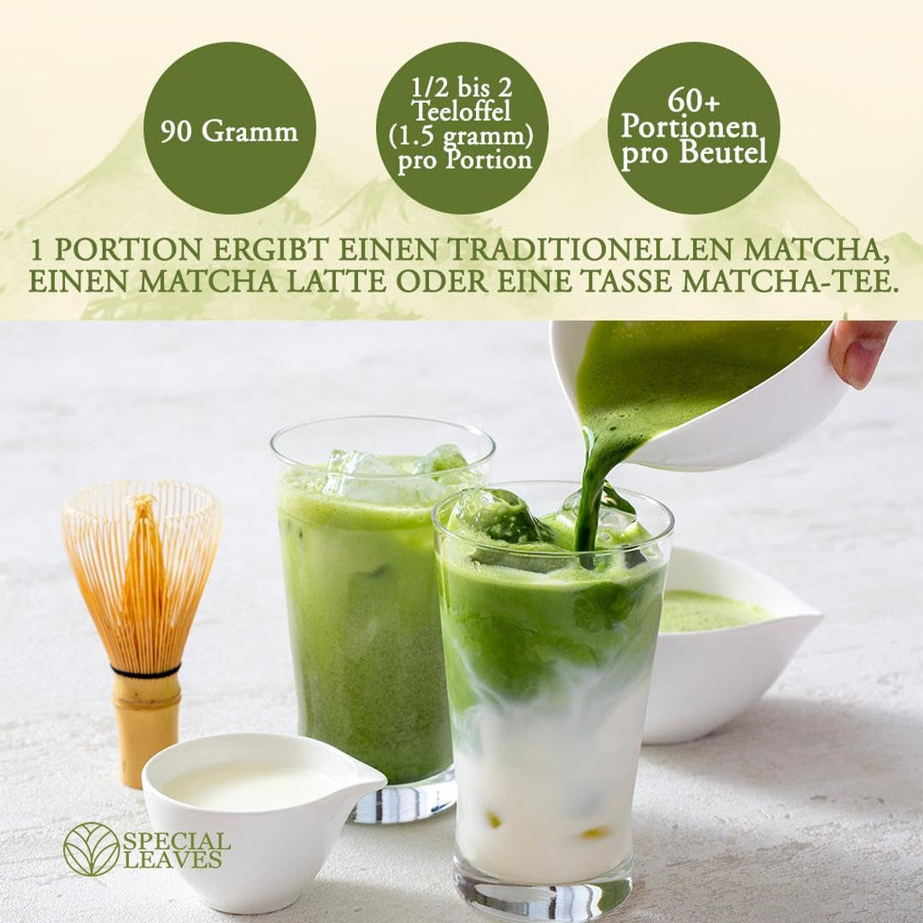 Pudră Matcha - 90 g - 100% naturală și măcinată fin - Pentru ceai și Matcha Latte - Fără aditivi - Calitate superioară din tradiția japoneză a ceaiului - Ceai verde premium de la Special Leaves