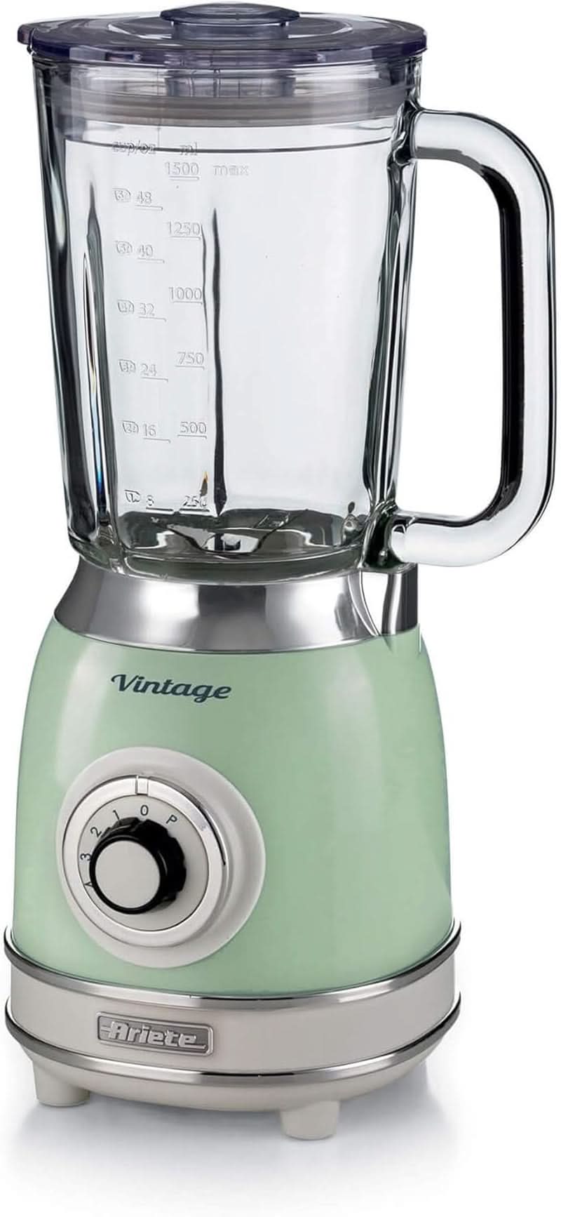 Ariete Vintage 583 Mixer Aus Glas, Retro Multifunktionsmixer Mit 4 Klingen, 4 Geschwindigkeiten + Pulse-Funktion, Ice-Crusher Funktion, 1,5 l Fassungsvermögen, 1000W, Green Kitchen Naty Shop Green Single