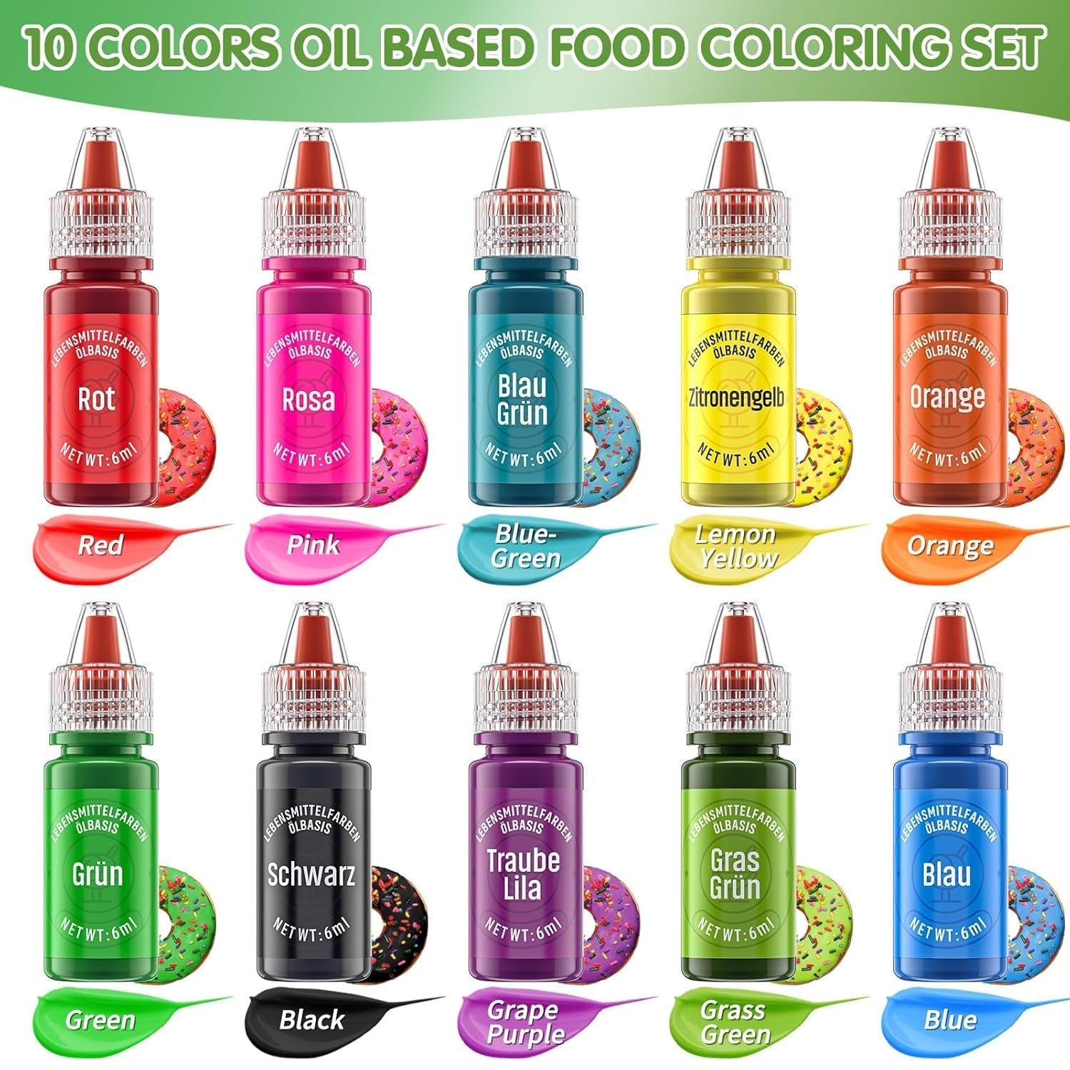 Colorant alimentar liposolubil, 10 culori colorant alimentar pe bază de ulei pentru decorarea tortului de ciocolată, set de coloranți alimentari foarte concentrați pentru fondant, cupcake, copt, colorant alimentar - 6 ml fiecare