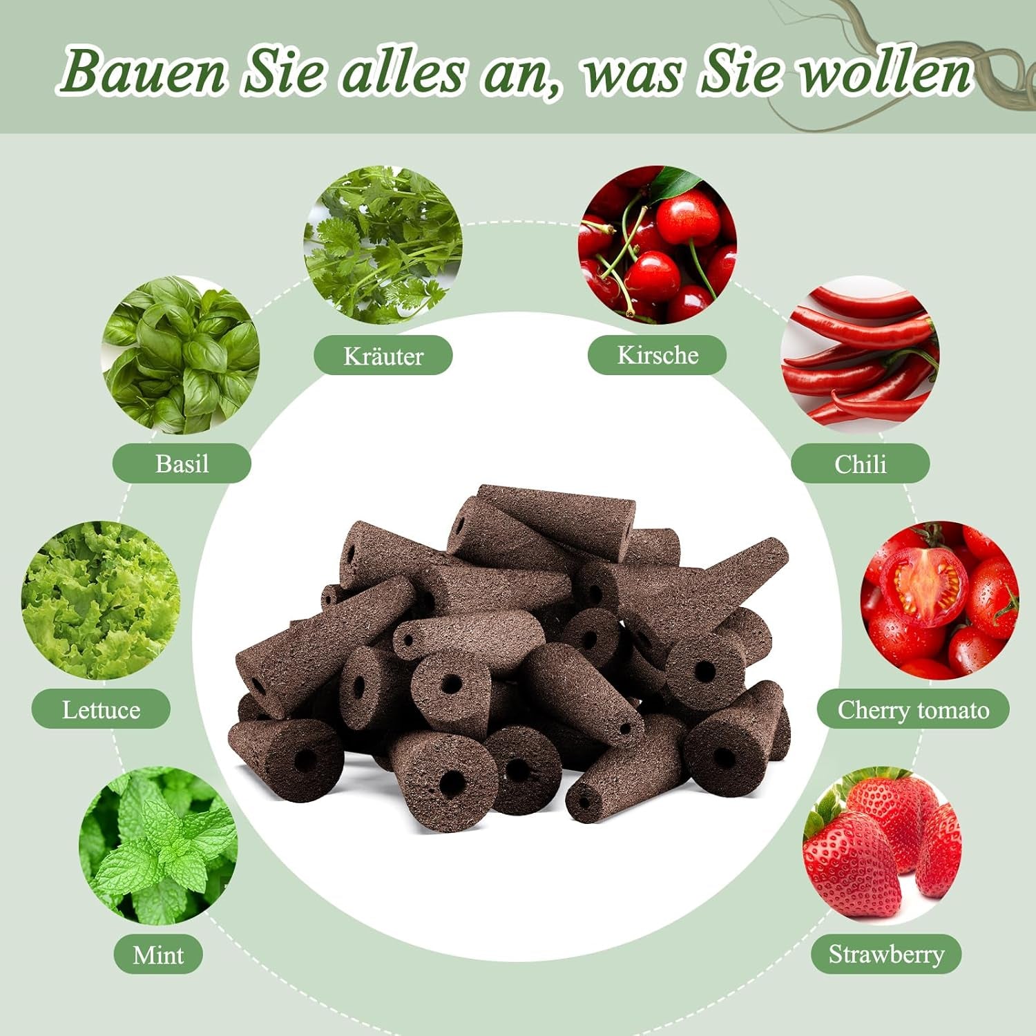 125 pěstebních houbiček, 50 náhradních pěstebních houbiček, příslušenství hydroponického startovacího systému s 50 štítky, 12 izolačními uzávěry, 12 košíky na rostliny, 1 pinzetou