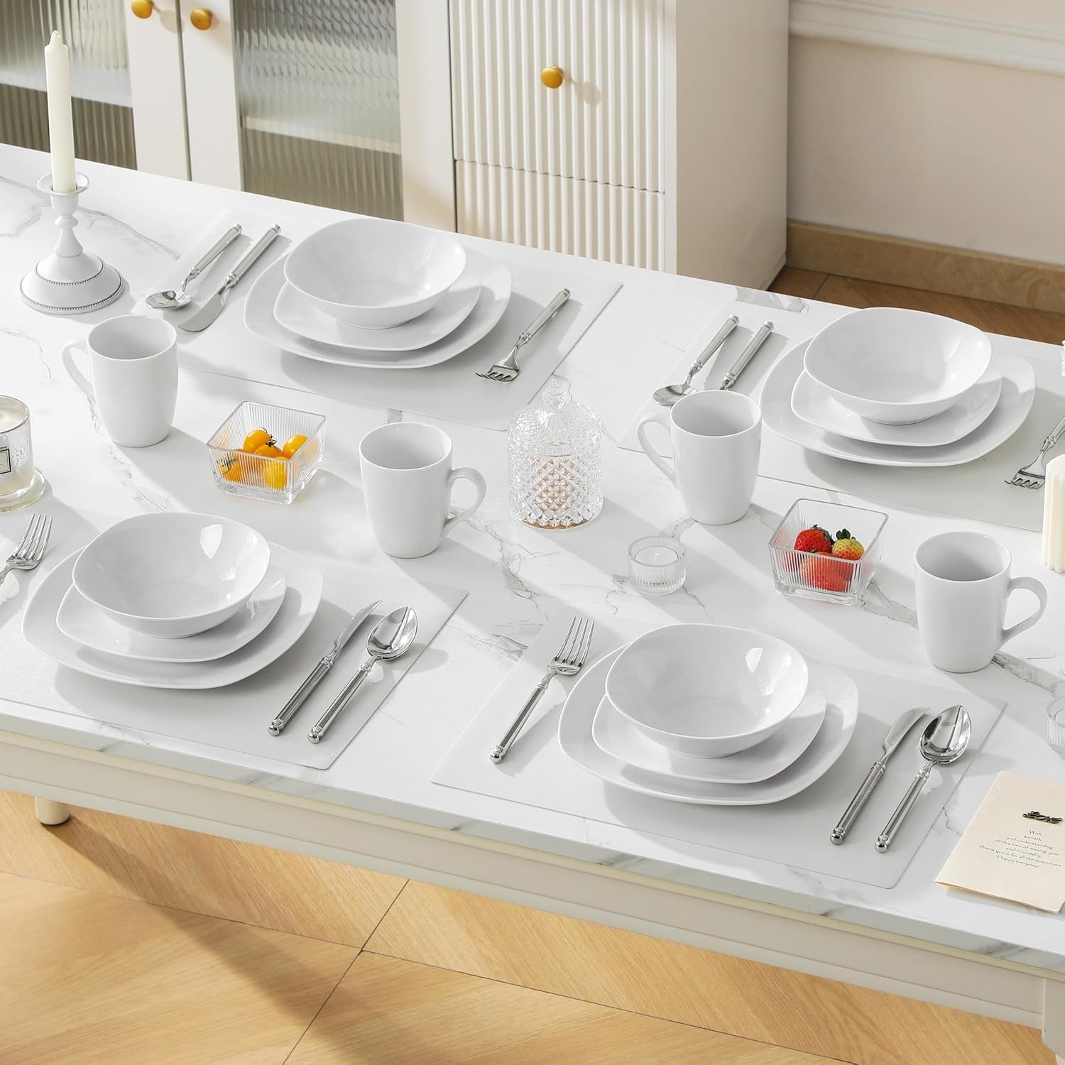 Set de veselă MALACASA pentru 4 persoane, serviciu de masă cu 16 piese din porțelan alb, set de veselă modern cu 4 farfurii de cină, farfurii de desert, farfurii de sumă și cești, seria ELISA