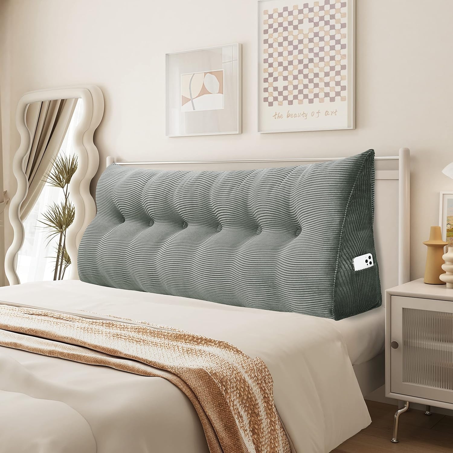 Pernă Johnear cu pană, pernă de citit pentru pat și canapea, pernă pentru spătar, pernă pentru tăblie, pernă lombară triunghiulară mare (gri, 45 cm)