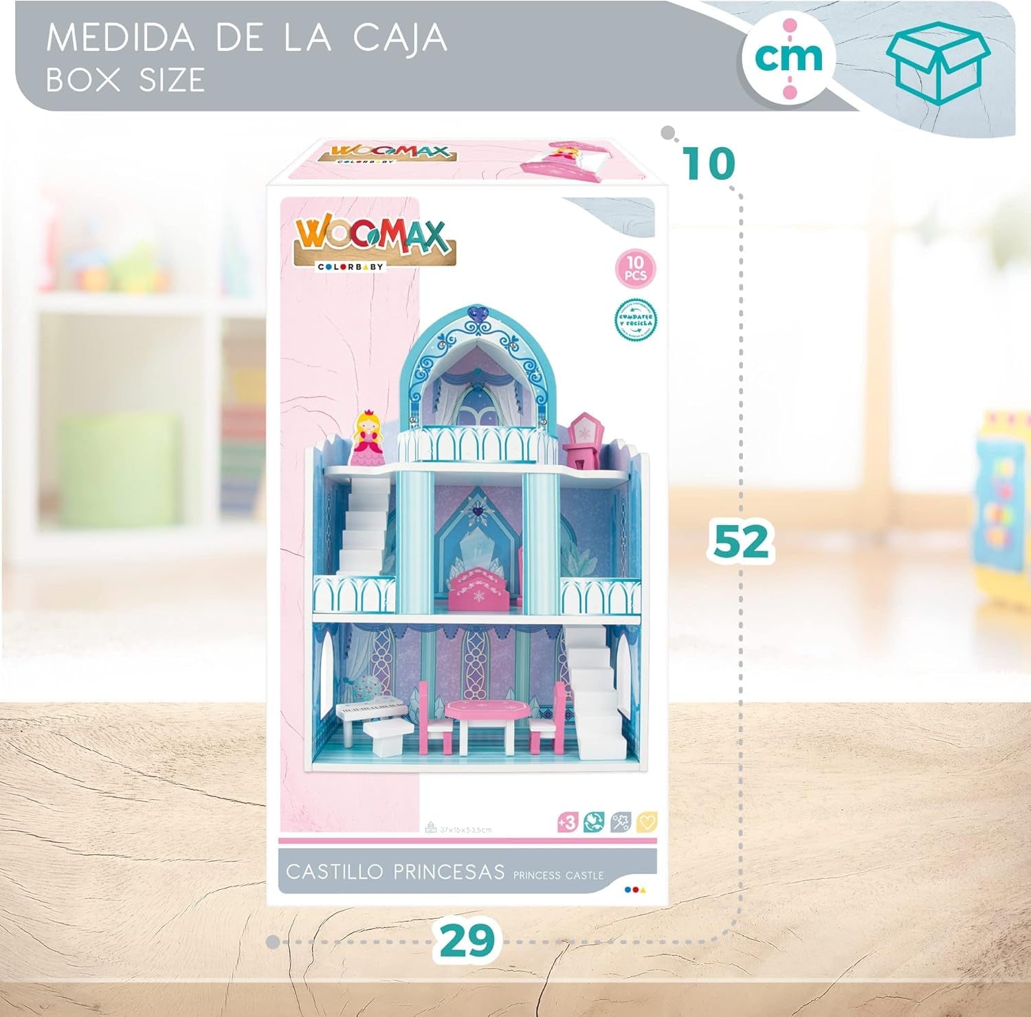 Colorbaby WOOMAX 49314 - Dřevěný zámek 37 X 15 X 53,5 Cm +3A Domky pro panenky Naty Shop