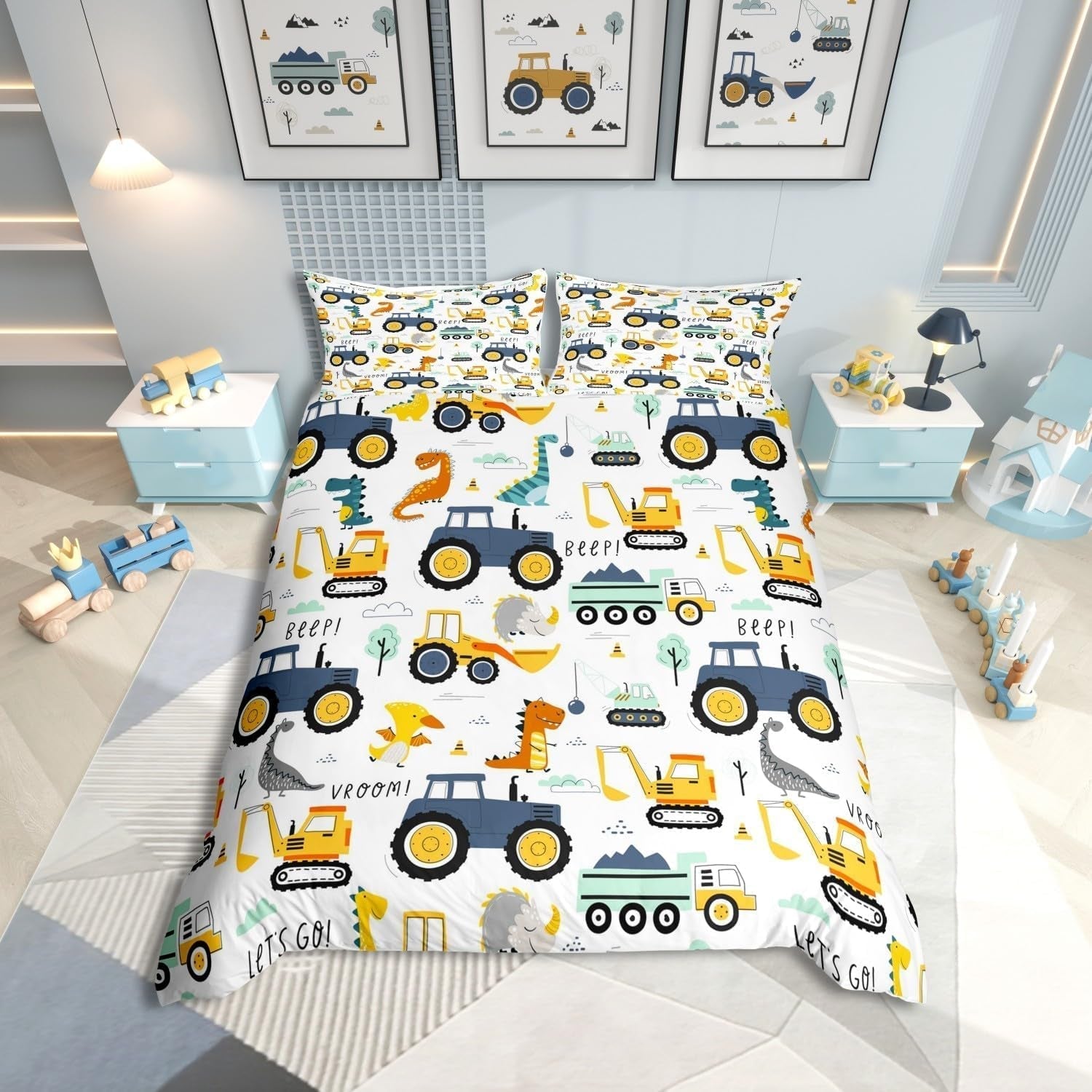 Jungen Cartoon Auto Bedtuchen Set 135X200,Kinder Bau Fahrzeuge Tröster Abdeckung Für Kind Kleinkind Teens,Dinosaurier Bettbezug,Traktor Maschinerie Bagger Bettdecke Abdeckung,Lkw Autos Bedtuchen Naty Shop Multi 15 135*800