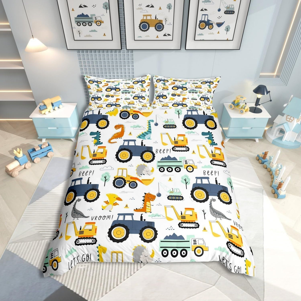 Jungen Cartoon Auto Bedtuchen Set 135X200,Kinder Bau Fahrzeuge Tröster Abdeckung Für Kind Kleinkind Teens,Dinosaurier Bettbezug,Traktor Maschinerie Bagger Bettdecke Abdeckung,Lkw Autos Bedtuchen Naty Shop Multi 15 135*800