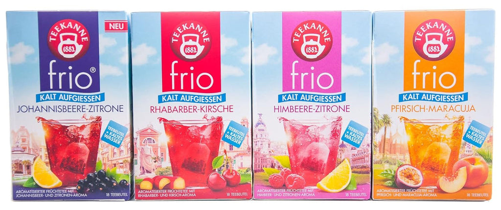 Teekanne Frio pachet de 4, rubarbă-cireșe, coacăze-lămâie, zmeură-lămâie, piersică-maracuja (4 x 45 g)