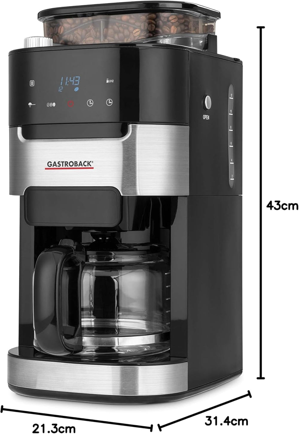 GASTROBACK 42711 Grind & Brew Pro Espressor de cafea, Espressor de cafea cu filtru și râșniță integrată, Râșniță conică cu 8 setări de măcinare, Ecran LCD tactil, Plastic