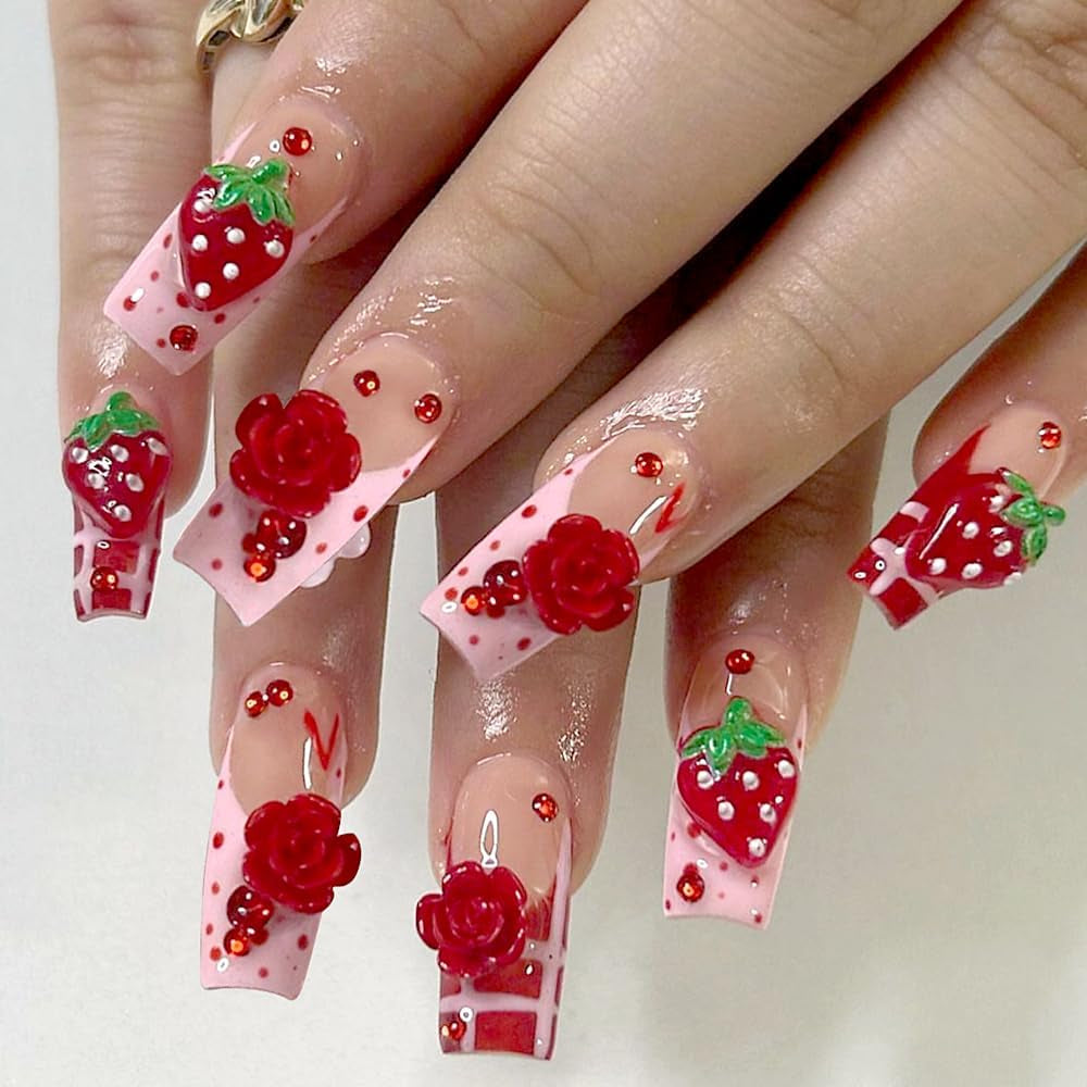 100Pcs 3D Nail Charms Rosa Rot Kirsche Erdbeere Blume Nagel Charms Kamelie Rose Schmetterling Nail Art Charms Flatback Herz Schleife Charms Nägel Zubehör Mond Stern Nagelschmuck Nageldesign Anhänger