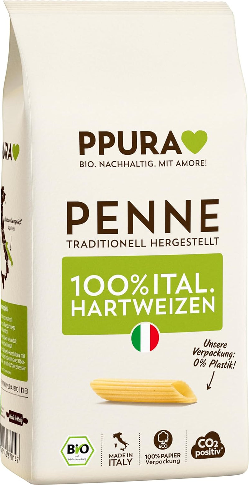 PPURA Organic Durum Wheat Penne Pasta 500g, 100% přírodní tubulární těstoviny, Made in Italy - italské těstoviny bez přísad, barviv a konzervantů