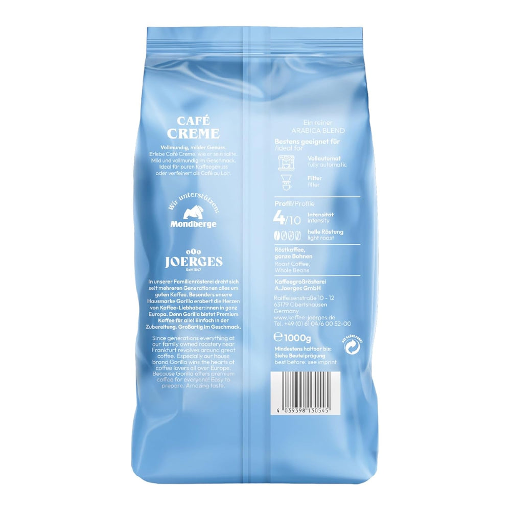 Gorilla Café Creme 6x 1000g | 100% traditionelle Arabica-Bohnen | Ideal Vollautomaten Crema harmonisches Aroma | geringer Koffeingehalt helle Röstung | Vorratspackung