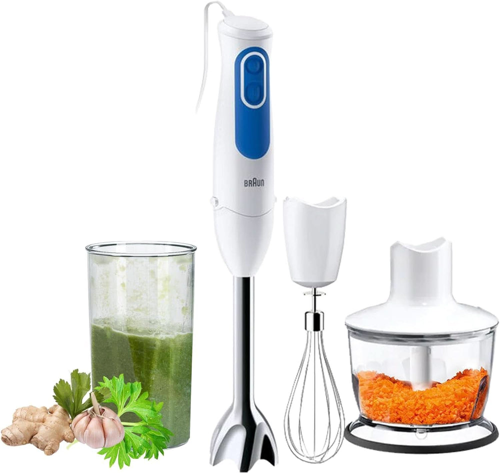 Braun Household Stabmixer MQ 3035 WH - Multiquick 3 Pürierstab Mit Edelstahl-Mixfuß, 2 Geschwindigkeiten, Spritzschutz, Spülmaschinenfest, Zerkleinerer, Schneebesen & 600 ml Mix- Und Messbecher Shop, Weiß Kitchen